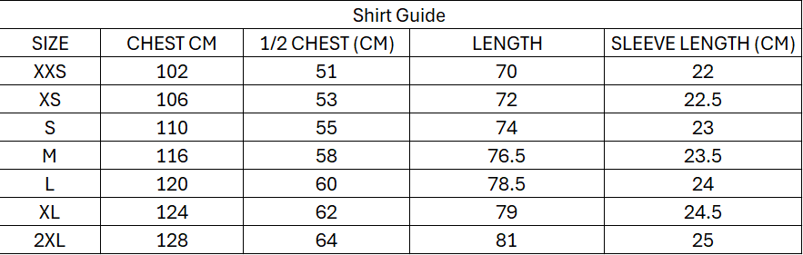 A shirt size guide table showing measurements in centimeters for different sizes, from XXS to 2XL, including chest, 1/2 chest, length, and sleeve length.