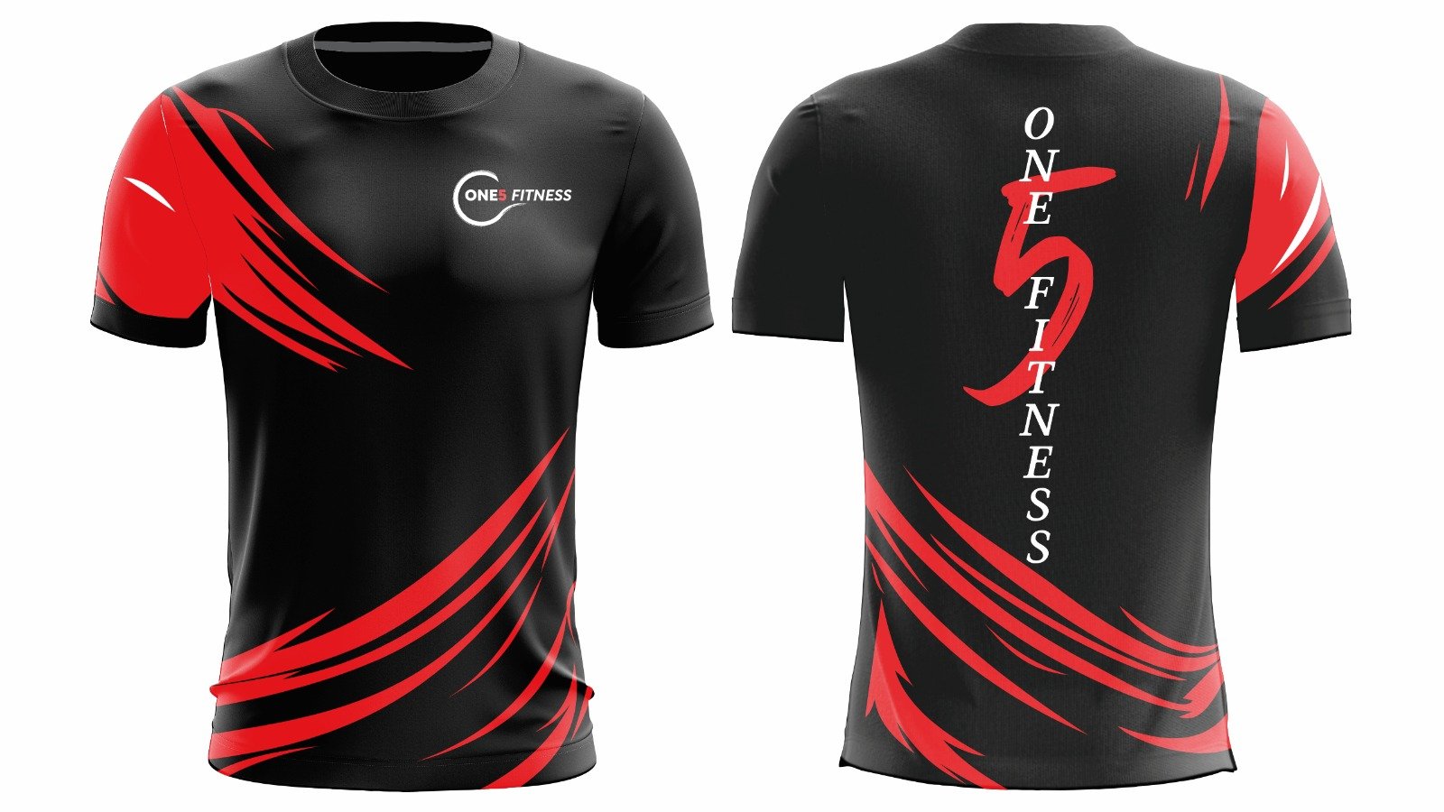 Black athletic shirt with red and white design, featuring the logo 'One5 Fitness' on the front and a vertical 'One5 Fitness' with a stylized number 5 on the back.