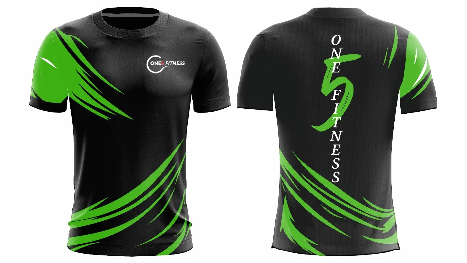 Black and green athletic T-shirt with ONES FITNESS logo on the front and the phrase 'ONE FITNESS' vertically on the back.