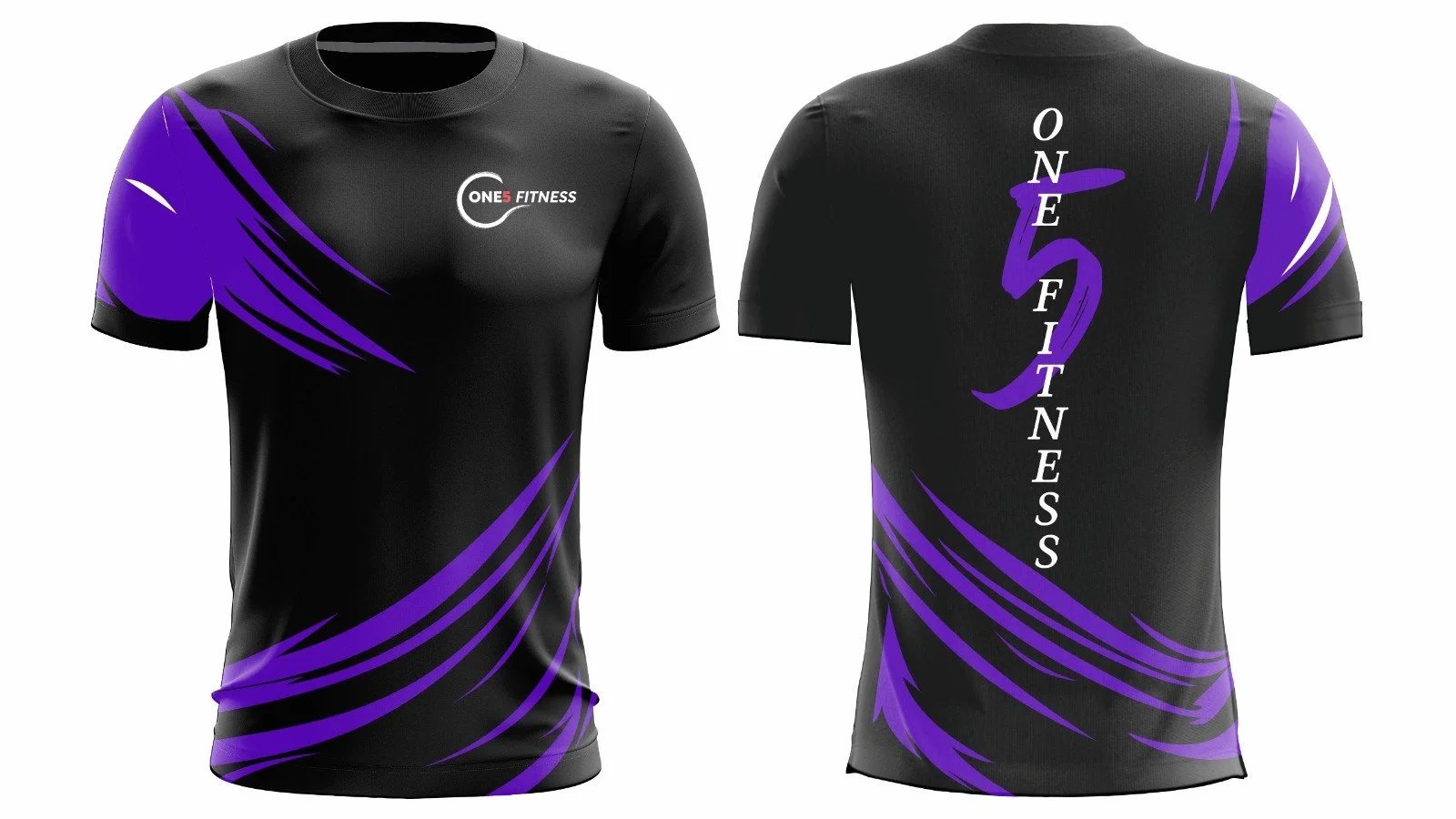 Black athletic shirt with purple and white graphics. Front features a small logo 'One5 Fitness' on the left chest, and the back displays the phrase 'One5 Fitness' written vertically in white, with a large purple number 5.