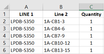 CSV file format example for ordering engraved cable markers with Line 1, Line 2, and Quantity columns