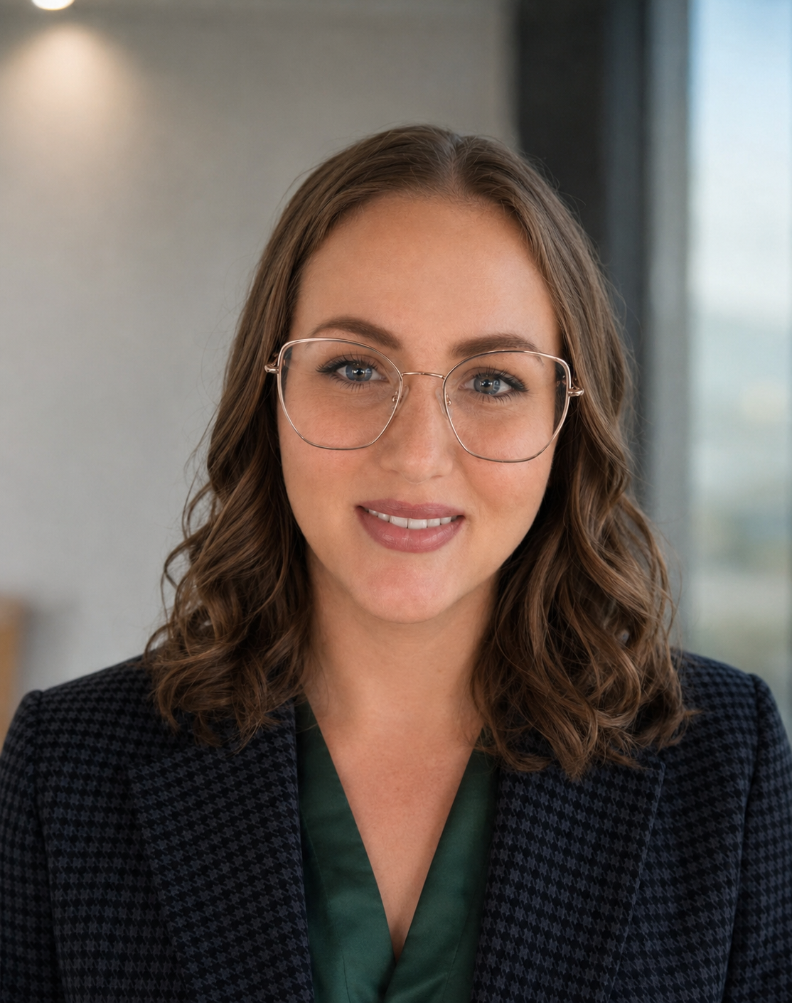 A woman with shoulder-length wavy brown hair, wearing glasses and a dark blazer, smiling in a modern office setting.