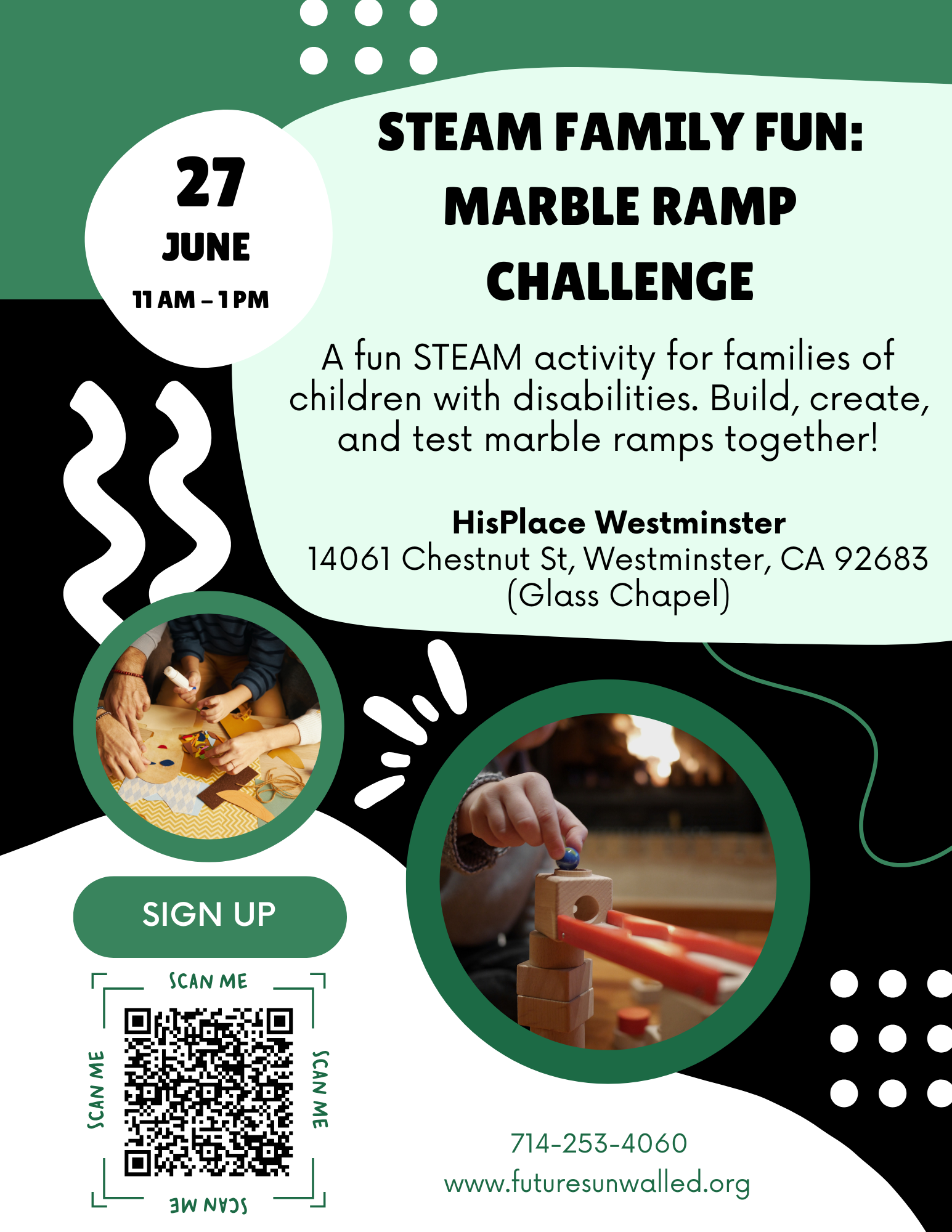 Advertisement for a STEAM family fun event focusing on marble ramp challenges for children with disabilities, scheduled for June 27 from 11 am to 1 pm at HisPlace Westminster, featuring images of children playing with marbles and building with blocks.