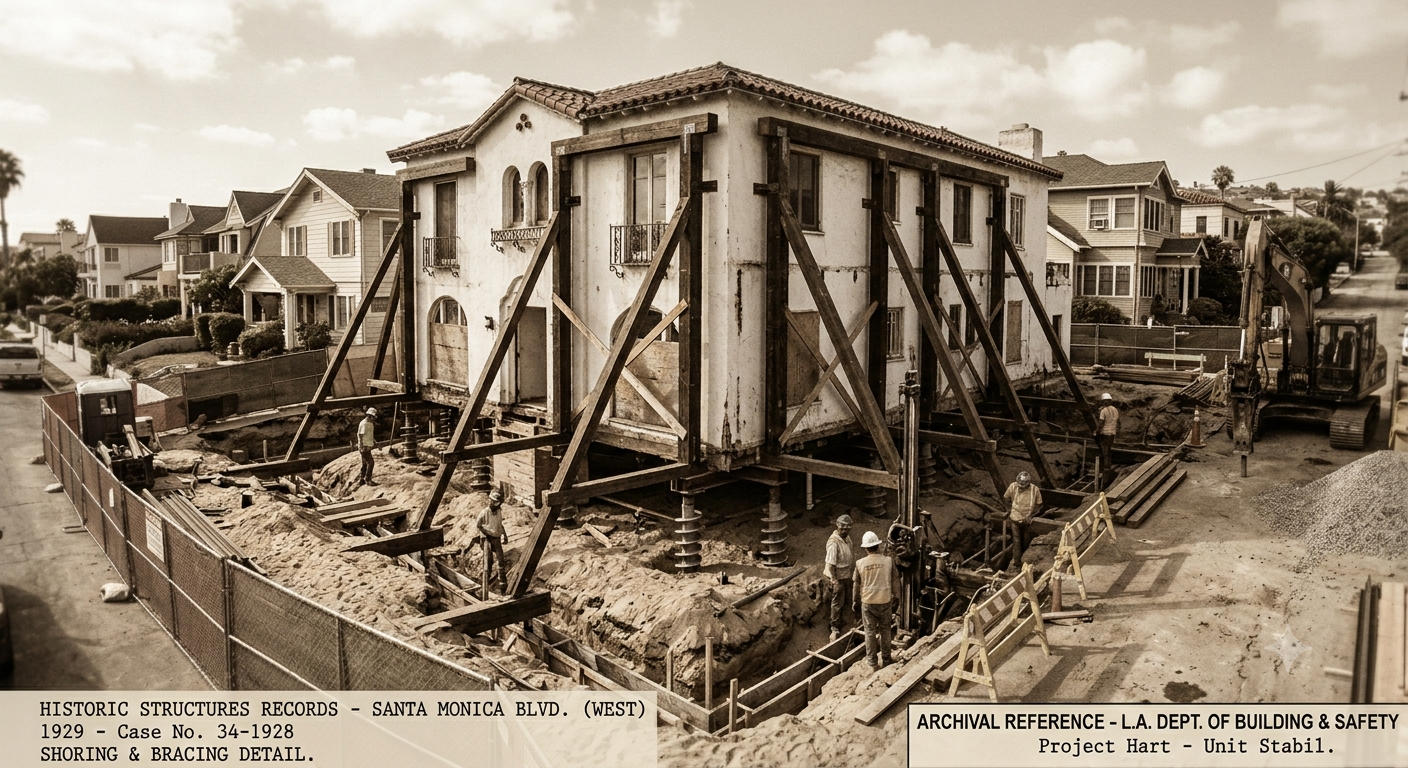 Exterior shot of the 1920s home during early stages/bracing.