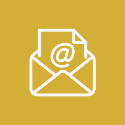 Icon of an open envelope with a paper inside featuring an '@' symbol, on a gold background.