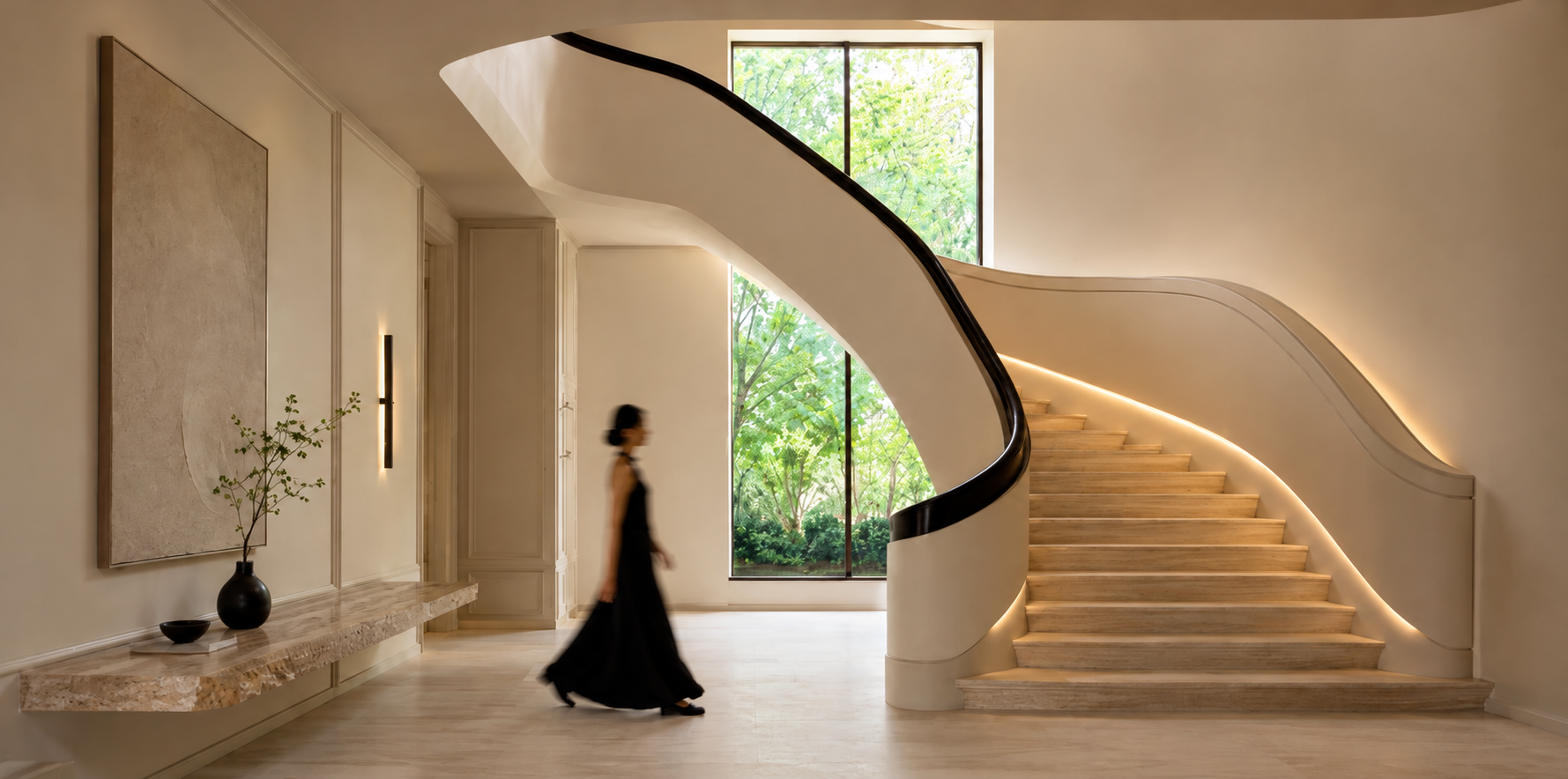 Interieur van een modern huis met een spiraaltrappenhuis, grote raam met uitzicht op groene bomen, een vrouw in een lange zwarte jurk die voorbijloopt, en een decoratief tafel met een vaas en plant.