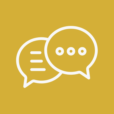 Two overlapping speech bubbles, one with lines representing text and the other with three dots, on a mustard yellow background.