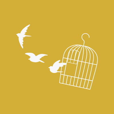 Silhouettes of three flying birds near an open birdcage against a yellow background.