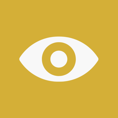A stylized eye symbol with a gold background.