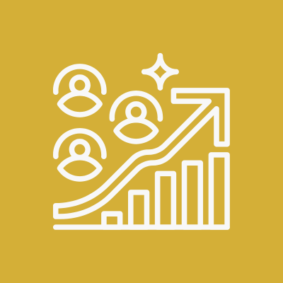 White icons of people and a star above a growing bar chart with an upward arrow on a gold background.
