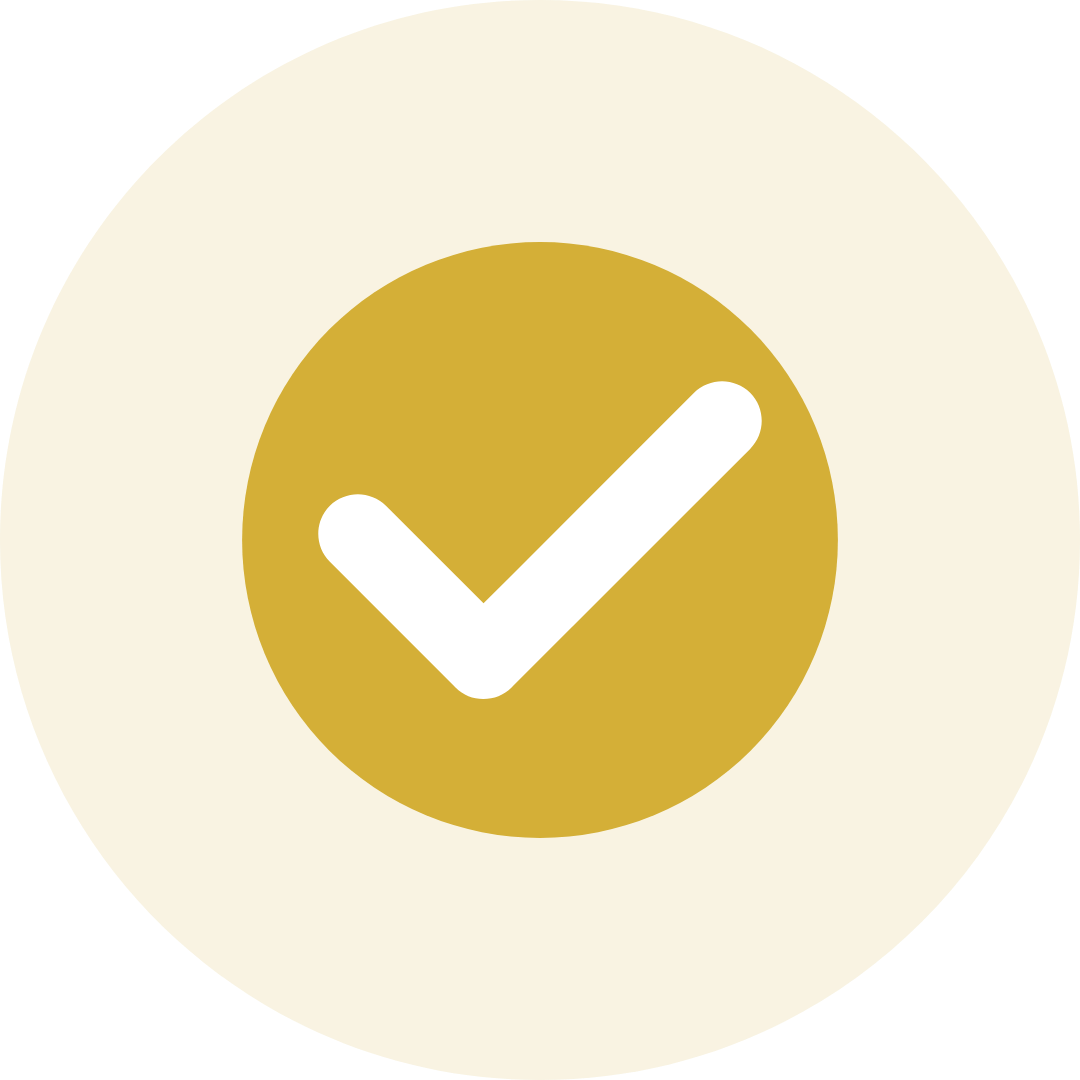 White checkmark inside a gold circle on a transparent background.