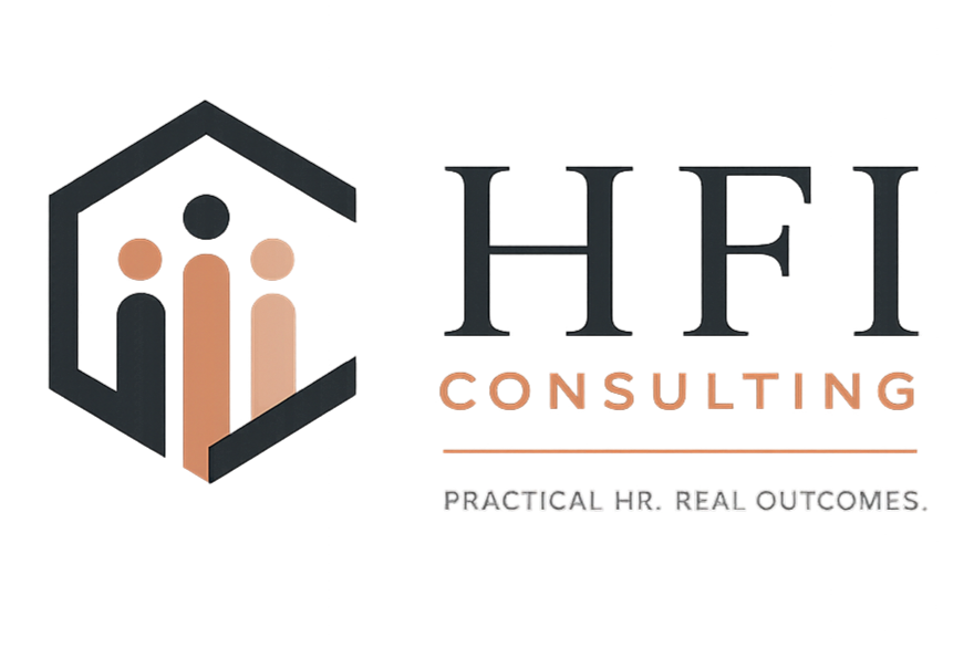 Logo for Hou Consulting with a hexagon shape, stylized human figures, and text indicating 'Hou Consulting' and the slogan 'Practical HR, Real Outcomes'.