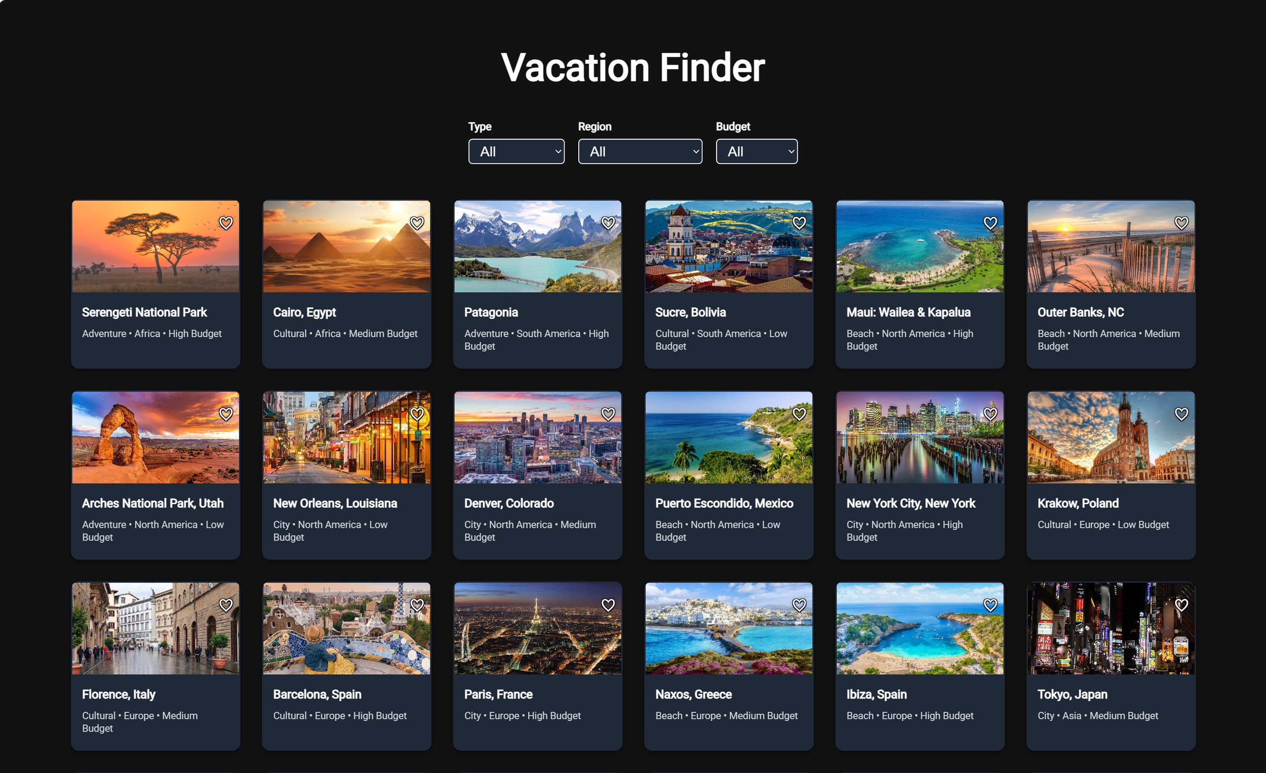 Vacation Destination Web App Filtering UI
