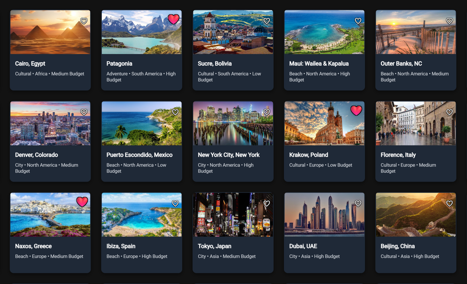 Vacation Destination Web App Filtering UI