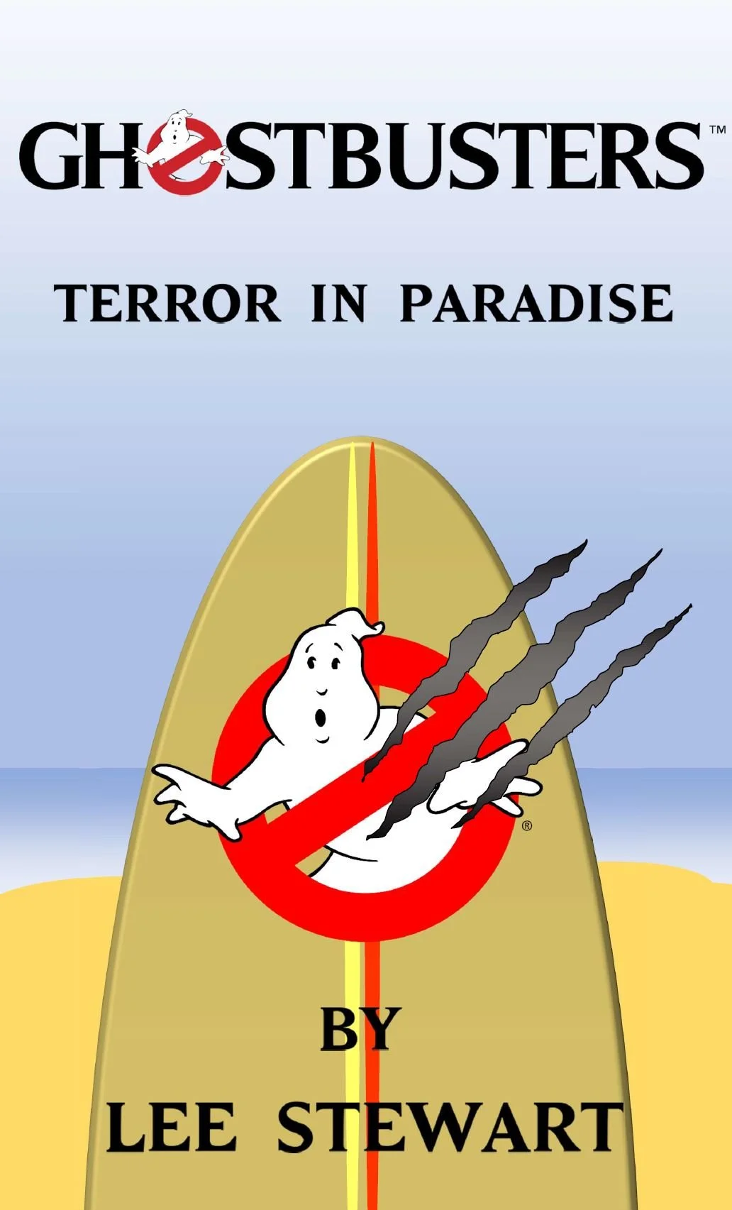 Book cover for 'Ghostbusters: Terror in Paradise' by Lee Stewart featuring the Ghostbusters logo with a ghost in a no symbol, set against a beach background.