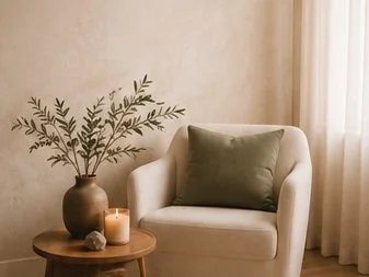 Cozy corner with a beige armchair, green throw pillow, wooden side table with a potted plant, candle, and decorative rocks, next to a sheer curtain and light-colored wall.
