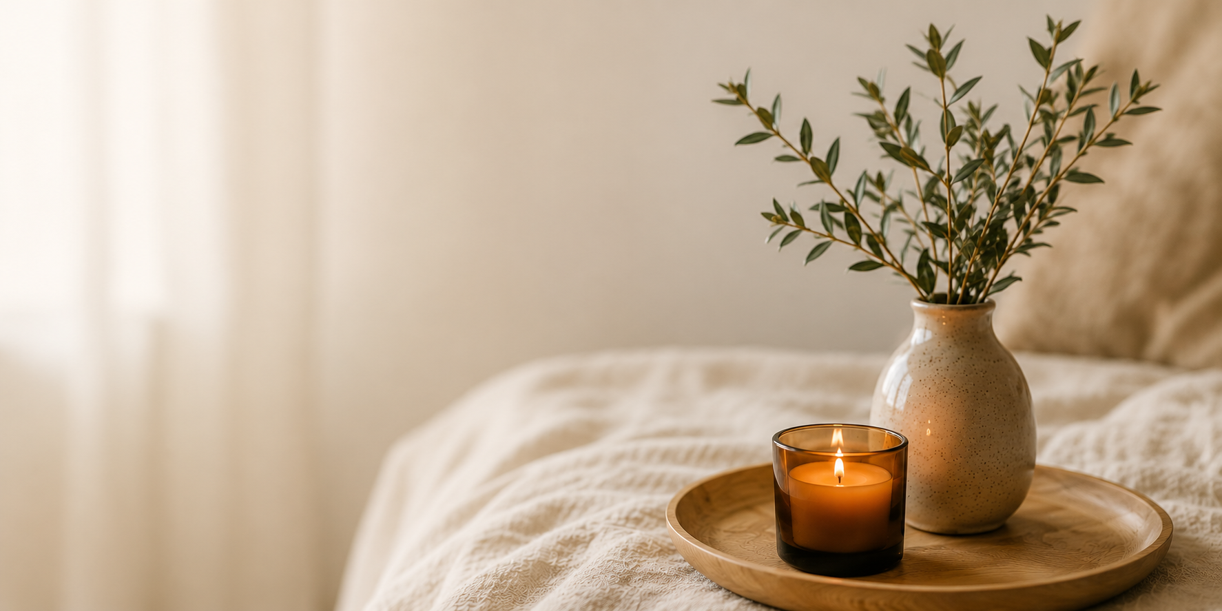 A beige ceramic vase with green leafy branches, a lit candle in a dark glass holder, and a wooden tray on a textured beige surface.
