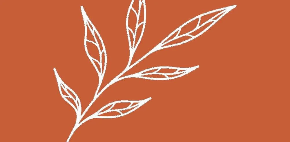 White outline of a leafy branch on a brown background.
