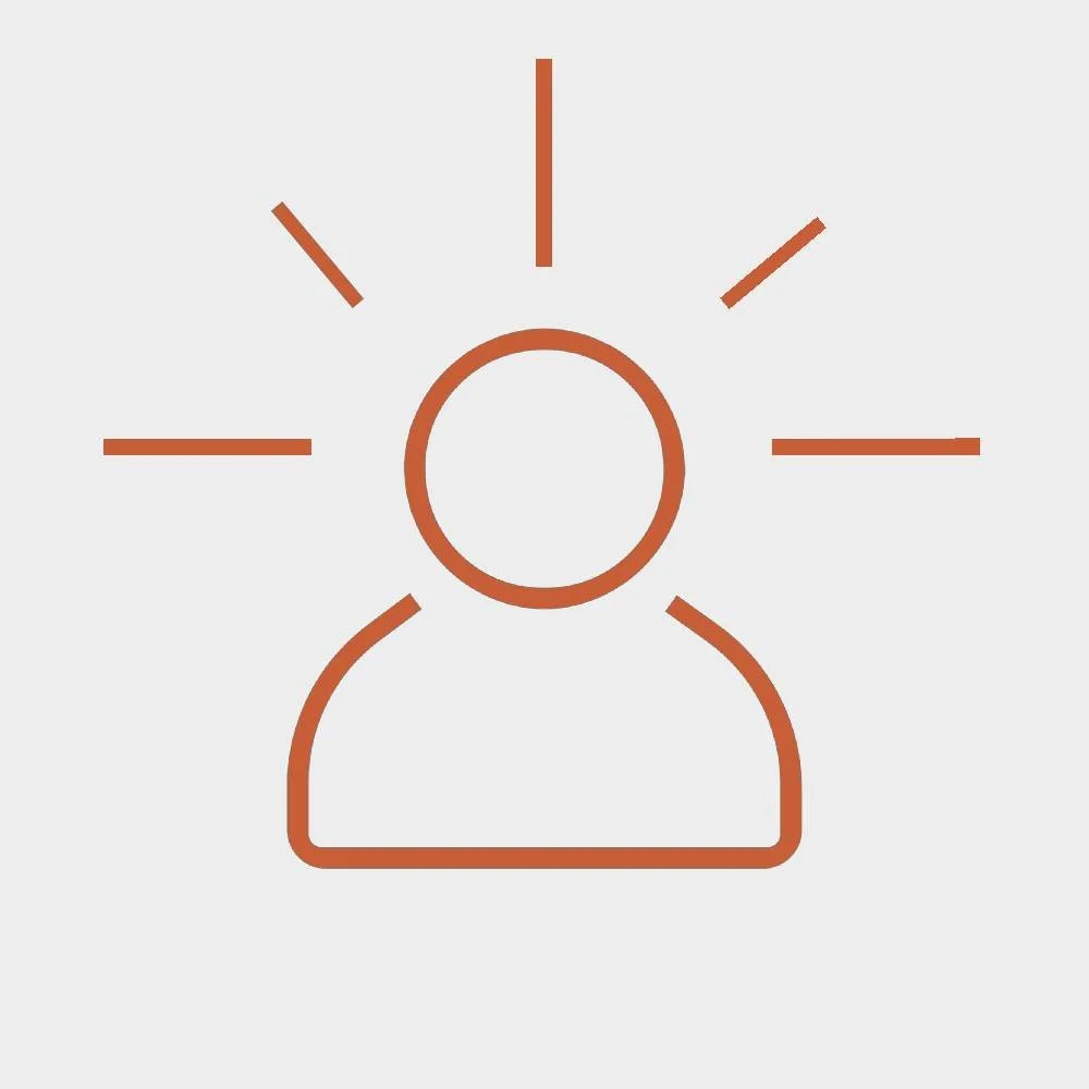 Outline of a person with rays emanating from the head, symbolizing ideas or creativity, on a light gray background.