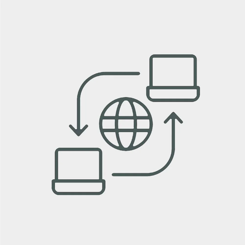Icon representing global internet connection and data transfer between two computers.