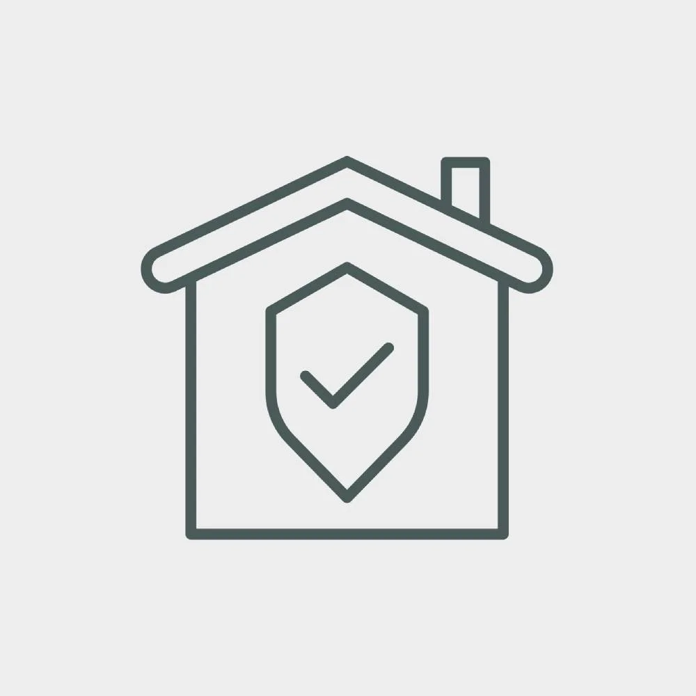 Line drawing of a house with a shield containing a check mark on the front.
