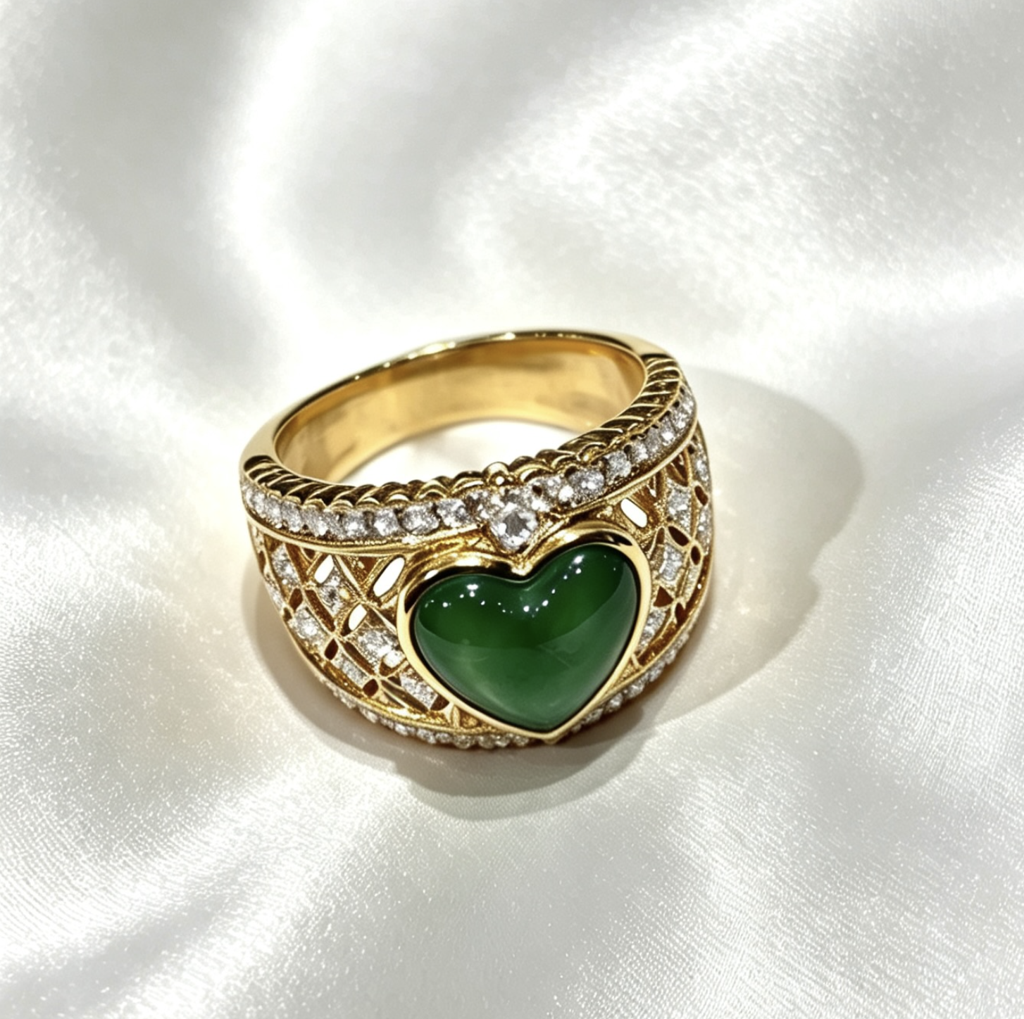 18K Gold Heart-Shaped Jadeite Diamond Ring 60D