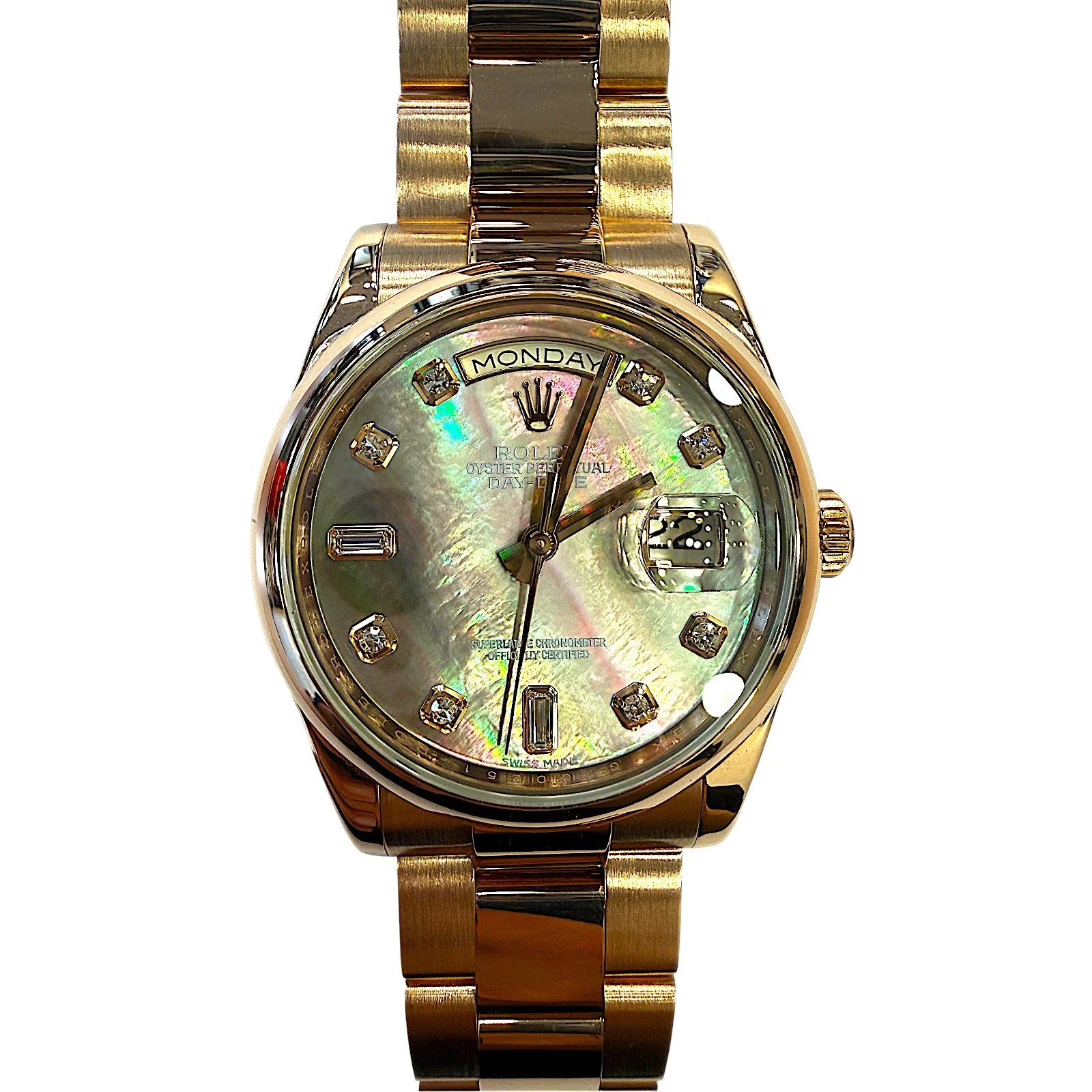 【PRE-OWNED】ROLEX 18K ROSE GOLD AUTOMATIC WEEK CALENDAR PURPLE SHELL SURFACE 6,9 RECTANGULAR SLATE WITH DAY-DATE 118205F 36MM