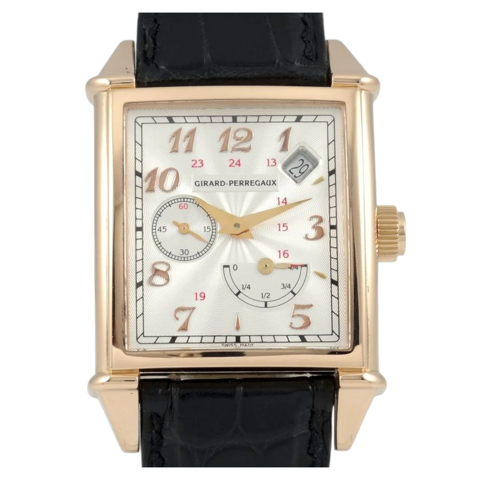 【PRE-OWNED】GIRARD-PERREGAUX 18K GOLD AUTOMATIC CALENDAR WITH SILVER NUMERALS, POWER RESERVE, SEE-THROUGH BOTTOM, LEATHER STRAP AND DISCOUNT 25850 32MM