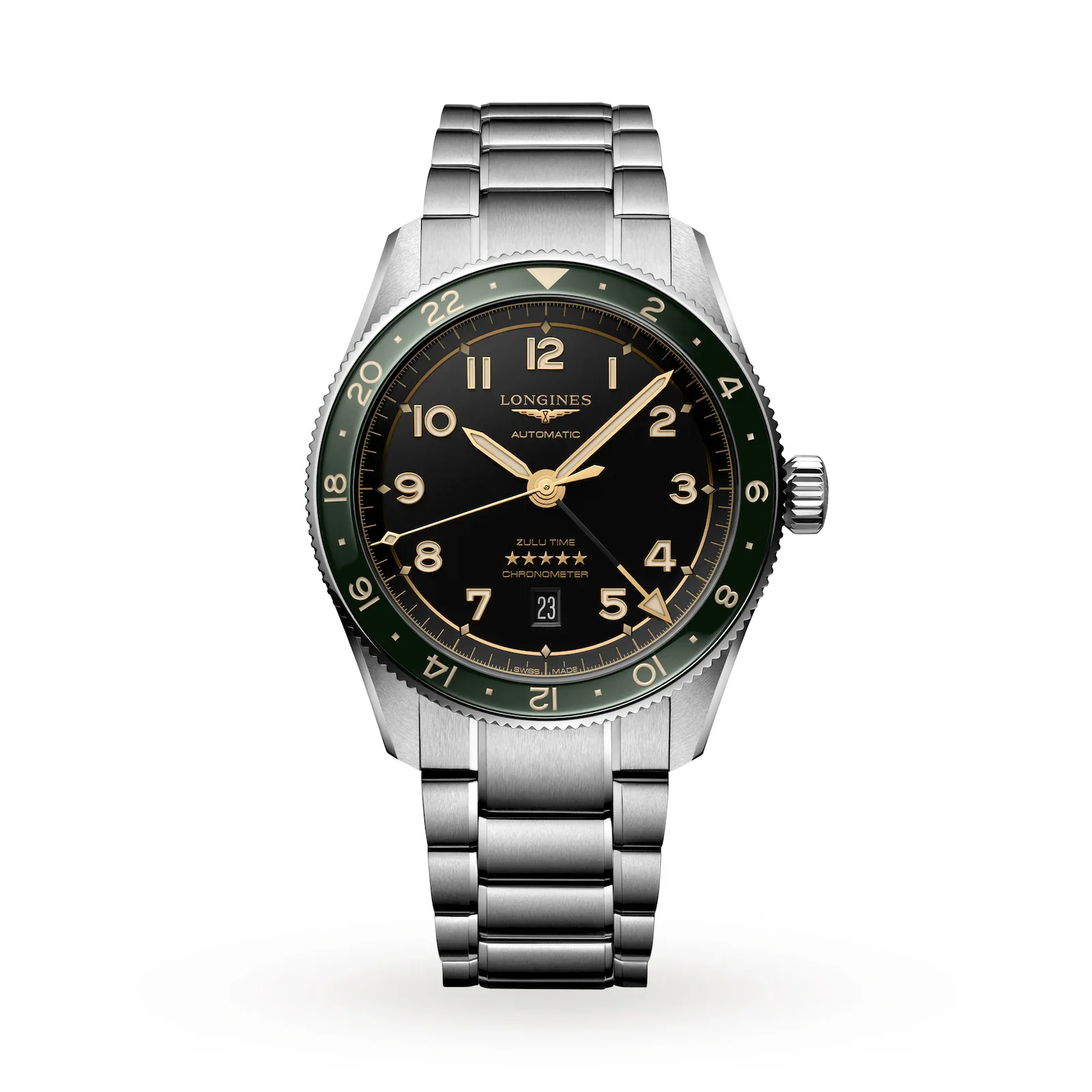 【PRE-OWNED】LONGINES STEEL AUTOMATIC CALENDAR WITH GREEN RING AND BLACK NUMBERS ON STEEL STRAP L38124636 42MM