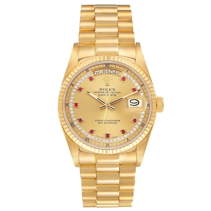 【PRE-OWNED】ROLEX DAY-DATE GOLD WATCH WITH DIAMOND AND RUBY DIAL, NON-ORIGINAL STRAP, 18038 36MM