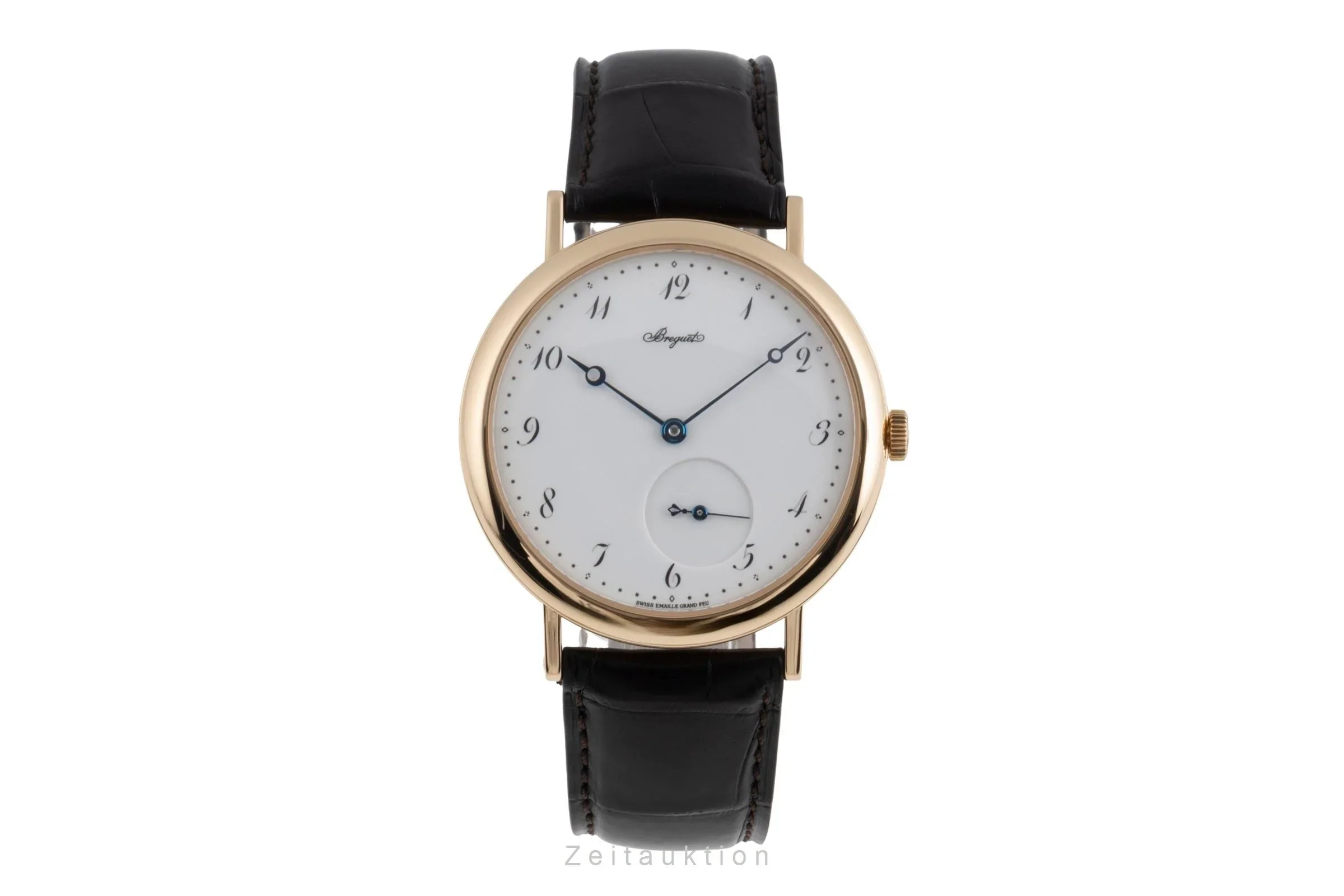 【PRE-OWNED】BREGUET 18K GOLD AUTOMATIC WHITE PORCELAIN DIAL WITH THREE-NEEDLE NUMERALS AND LEATHER STRAP, 18K PIN BUCKLE, AND 18K GOLD ROTOR REF.5140 40MM