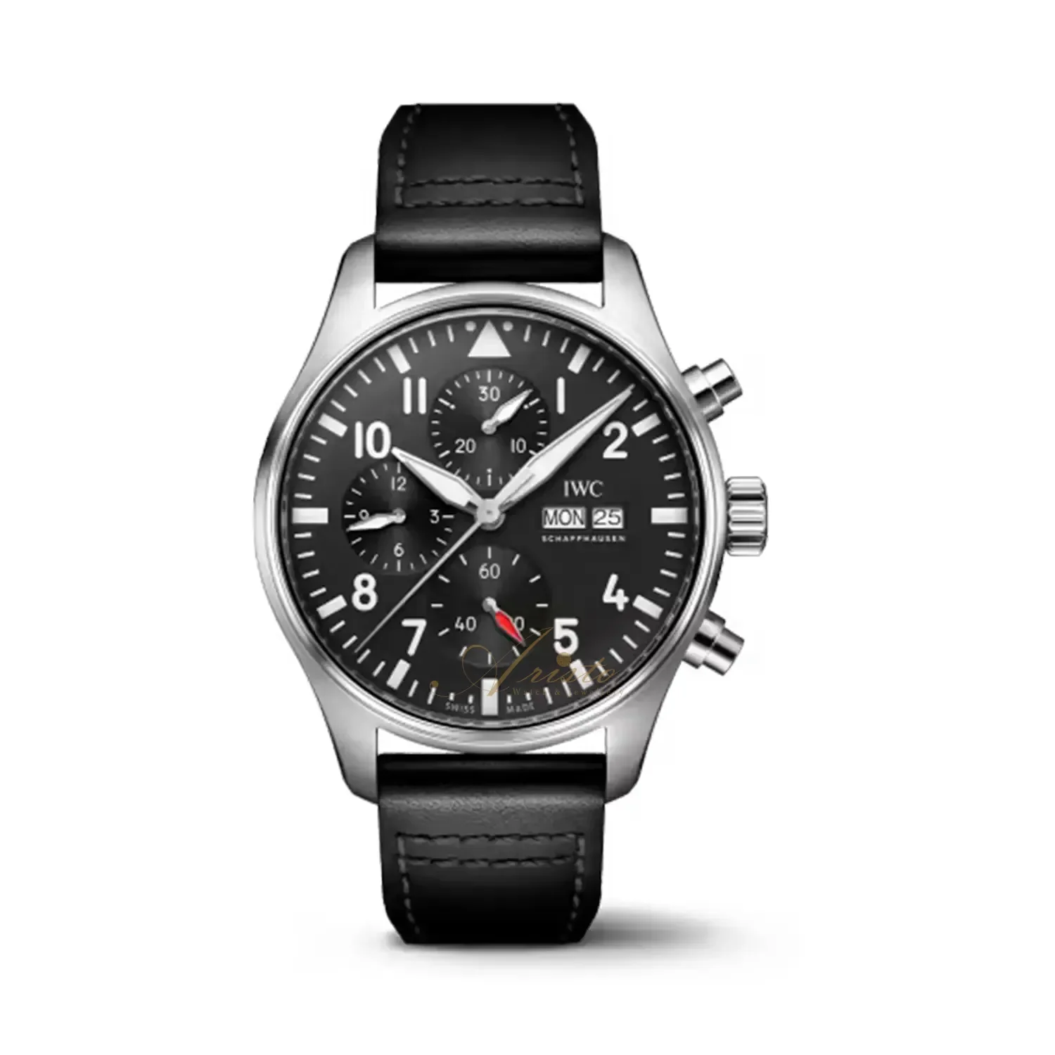 【PRE-OWNED】 IWC STEEL AUTOMATIC DAY AND CALENDAR BLACK FACE DIGITAL CHRONOGRAPH LEATHER STRAP PIN BUCKLE IW378001 44MM