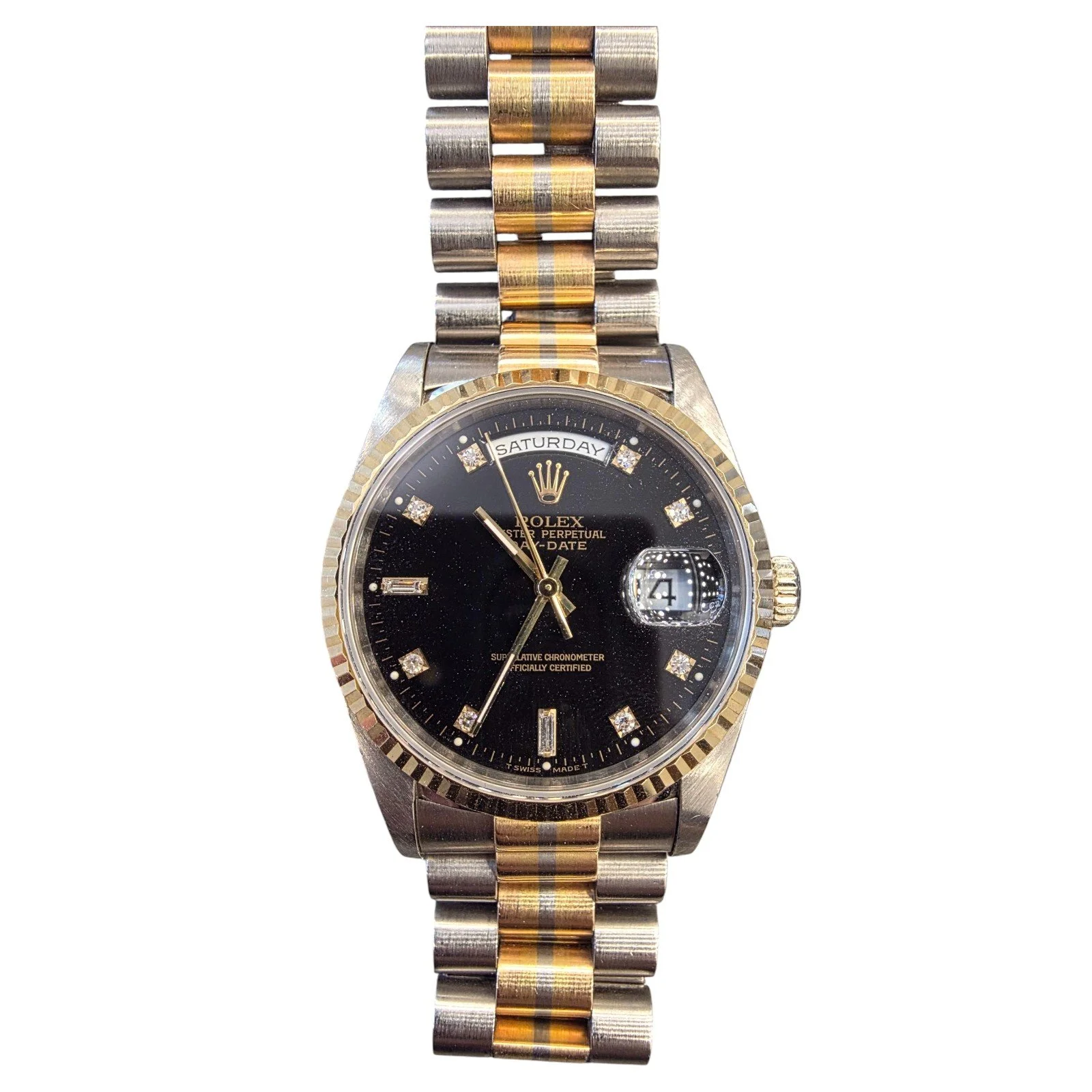 【PRE-OWNED】ROLEX 18K TRICOLOR GOLD AUTOMATIC DAY-DATE CALENDAR, BLACK DIAL, 6 & 9 RECTANGULAR STONES, ORIGINAL 18K GOLD WITH DAY-DATE 18239B 36MM