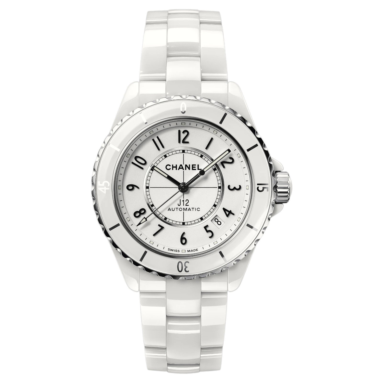 【PRE-OWNED】CHANEL WHITE CERAMIC AUTOMATIC CALENDAR, WHITE DIAL WITH TRANSPARENT NUMBERS, J12 H5700 38MM