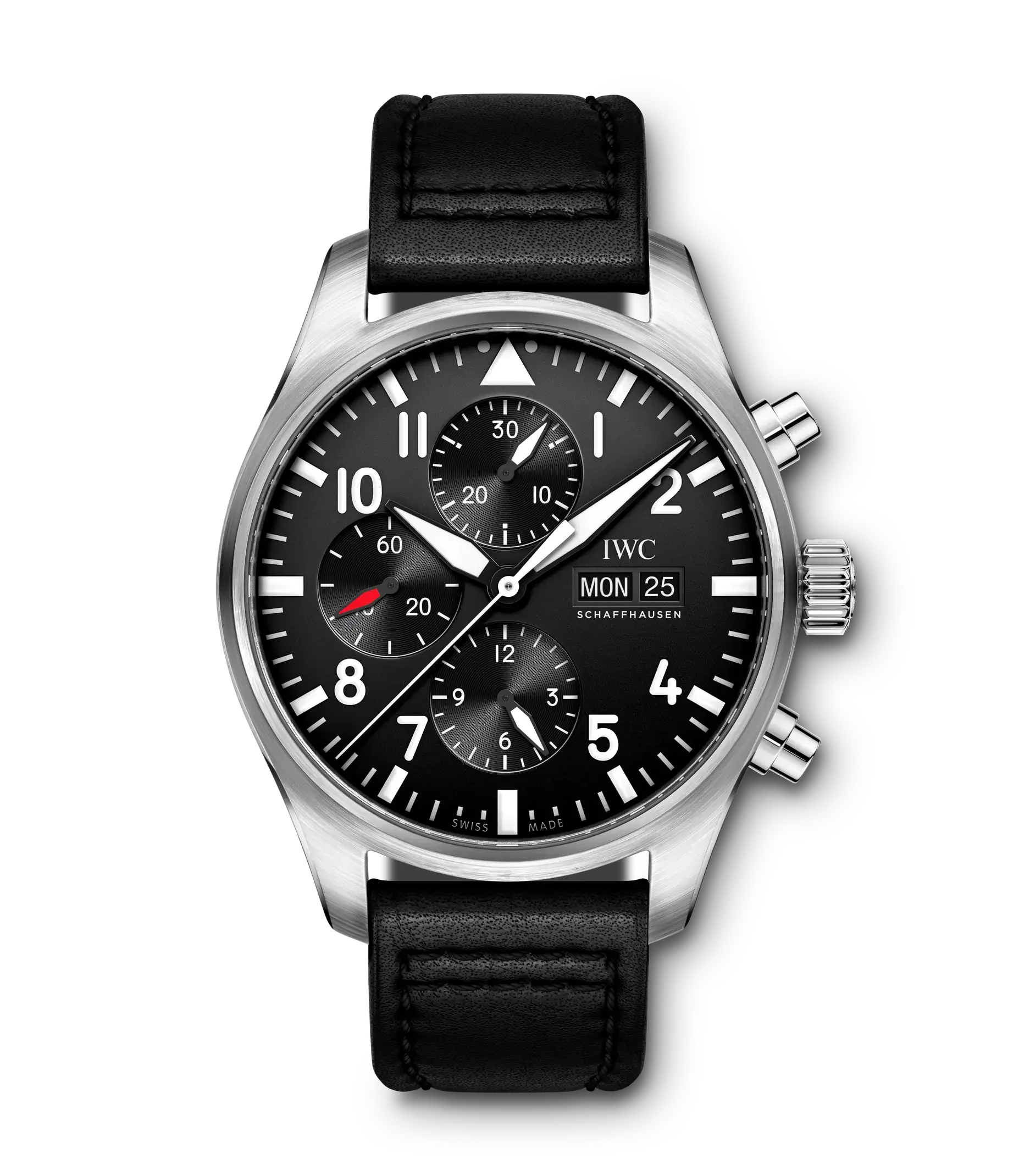 【PRE-OWNED】 IWC STEEL AUTOMATIC DAY AND CALENDAR BLACK FACE DIGITAL CHRONOGRAPH LEATHER STRAP PIN BUCKLE IW377709 44MM