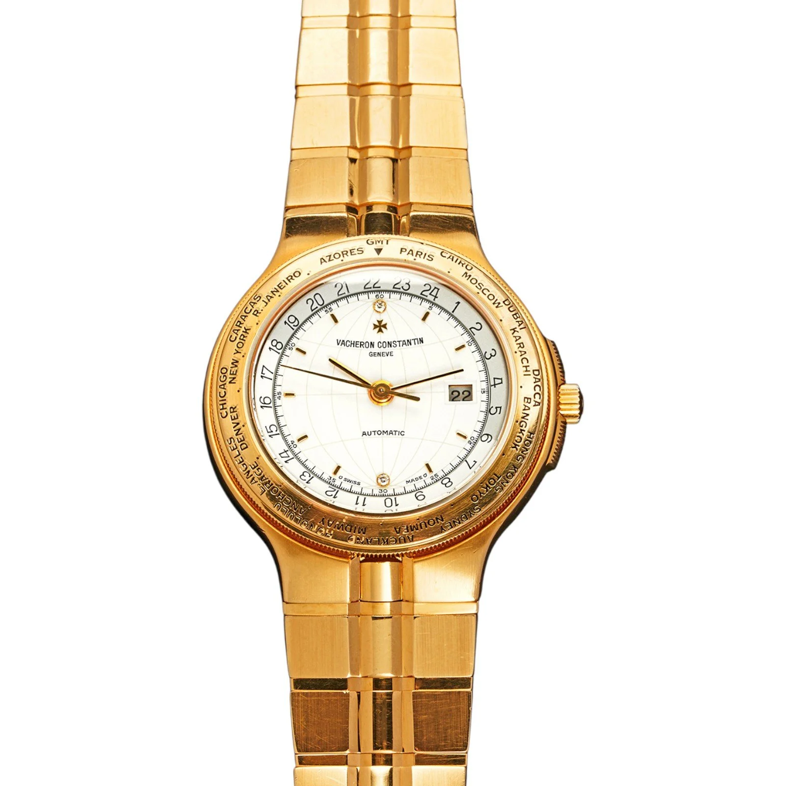 【PRE-OWNED】18K GOLD AUTOMATIC CALENDAR WITH WHITE NOODLES AND WORLD TIME GOLD STRAP WITH BUTTERFLY BUCKLE PHIDIAS REF.48200/ 967J-4 35.5MM