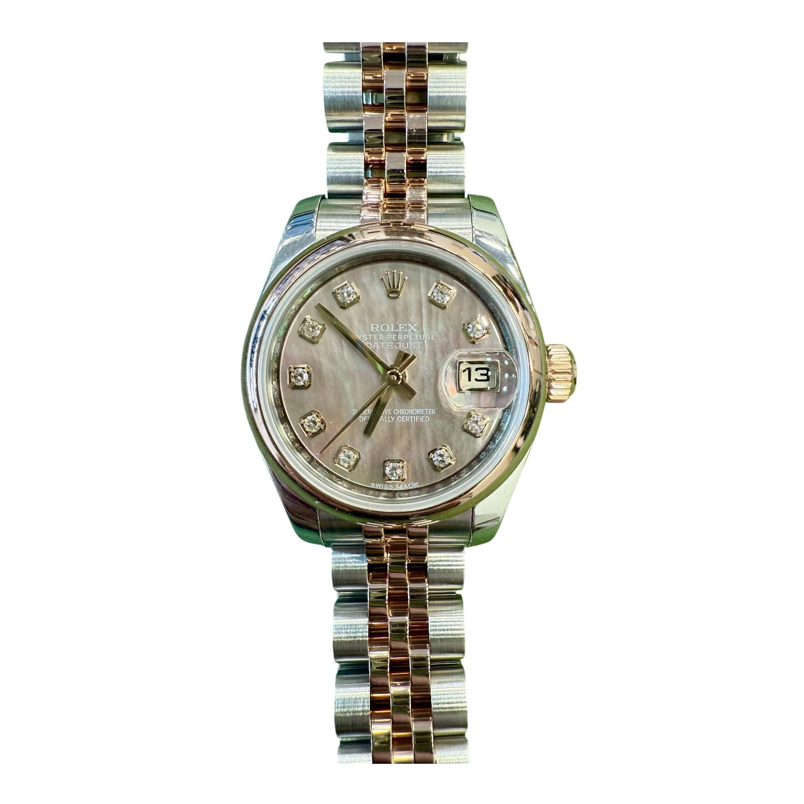 【PRE-OWNED】ROLEX ROSE GOLD STEEL AUTOMATIC CALENDAR SHELL FACE LARGE DIAMOND WORD BEADED STRAP WOMEN'S 179161 26MM