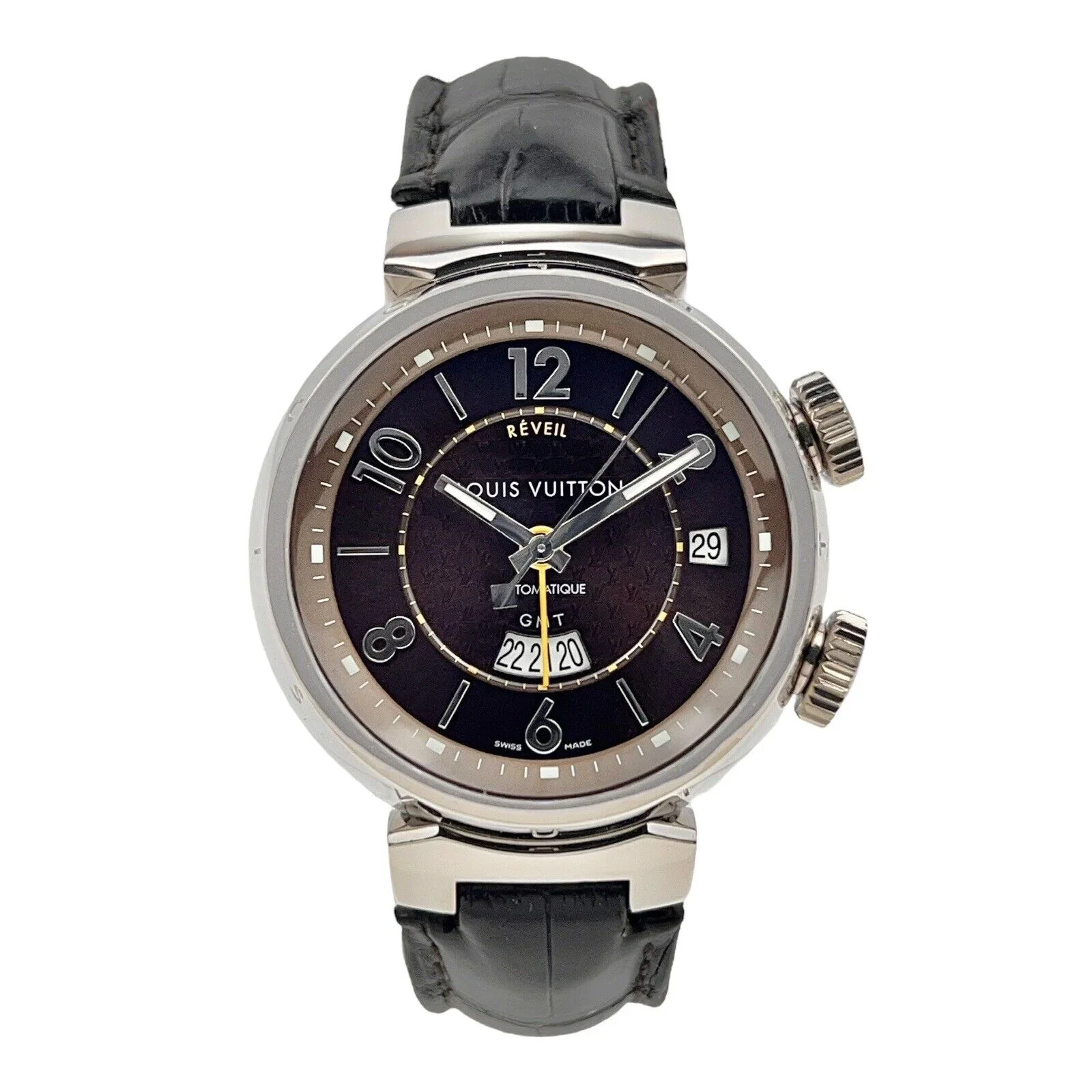 【PRE-OWNED】LOUIS VUITTON 18K WHITE GOLD AUTOMATIC CALENDAR CHOCOLATE FACE TRANSPARENT BOTTOM WITH DISCOUNT GMT Q1153 41MM