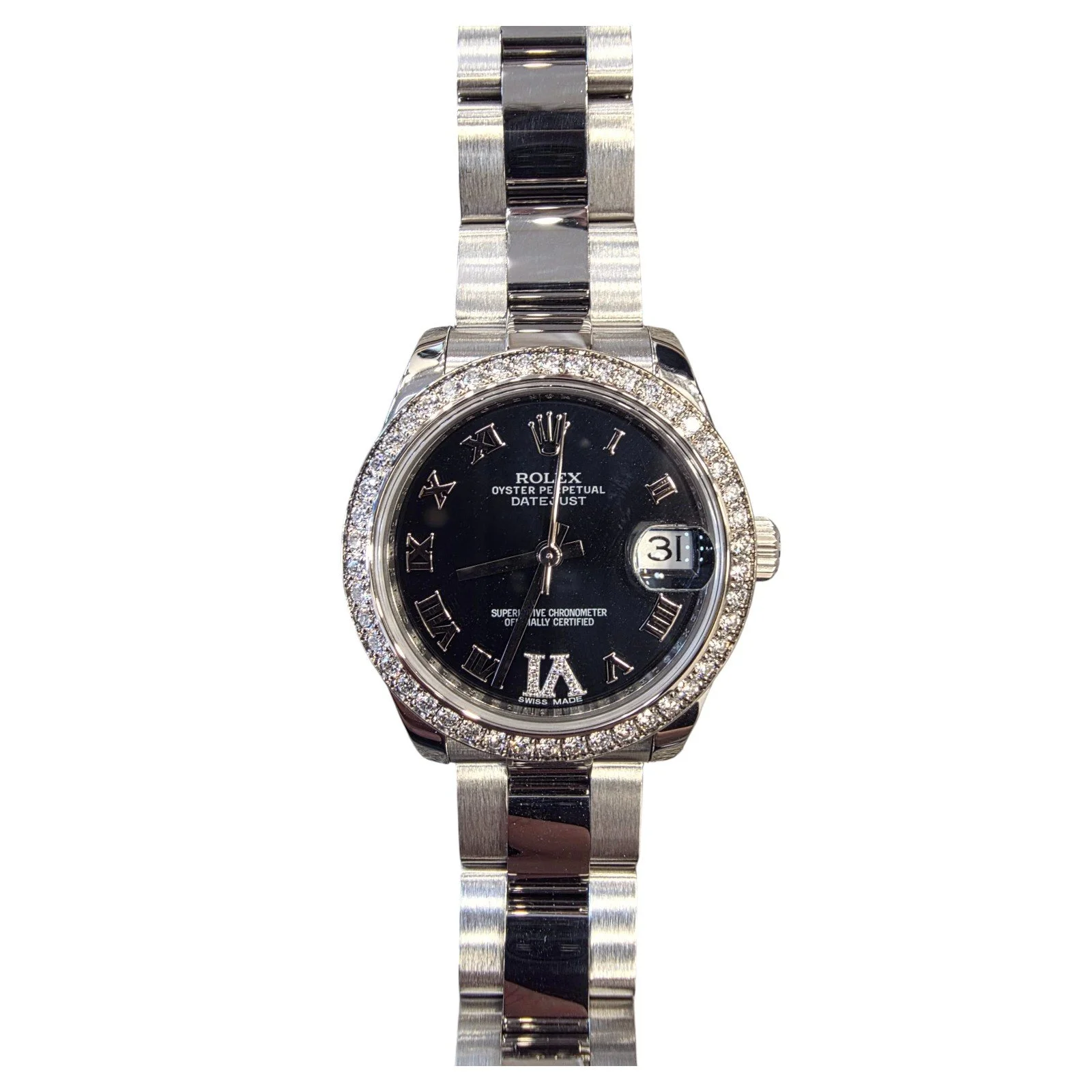 【PRE-OWNED】ROLEX DATEJUST MIDSIZE STEEL DIAMOND DARK BLUE DIAL LADIES WATCH 178384 31MM