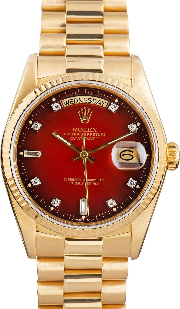 【PRE-OWNED】ROLEX 18K YELLOW GOLD DATE+DAY RED DIAL 18038 36MM