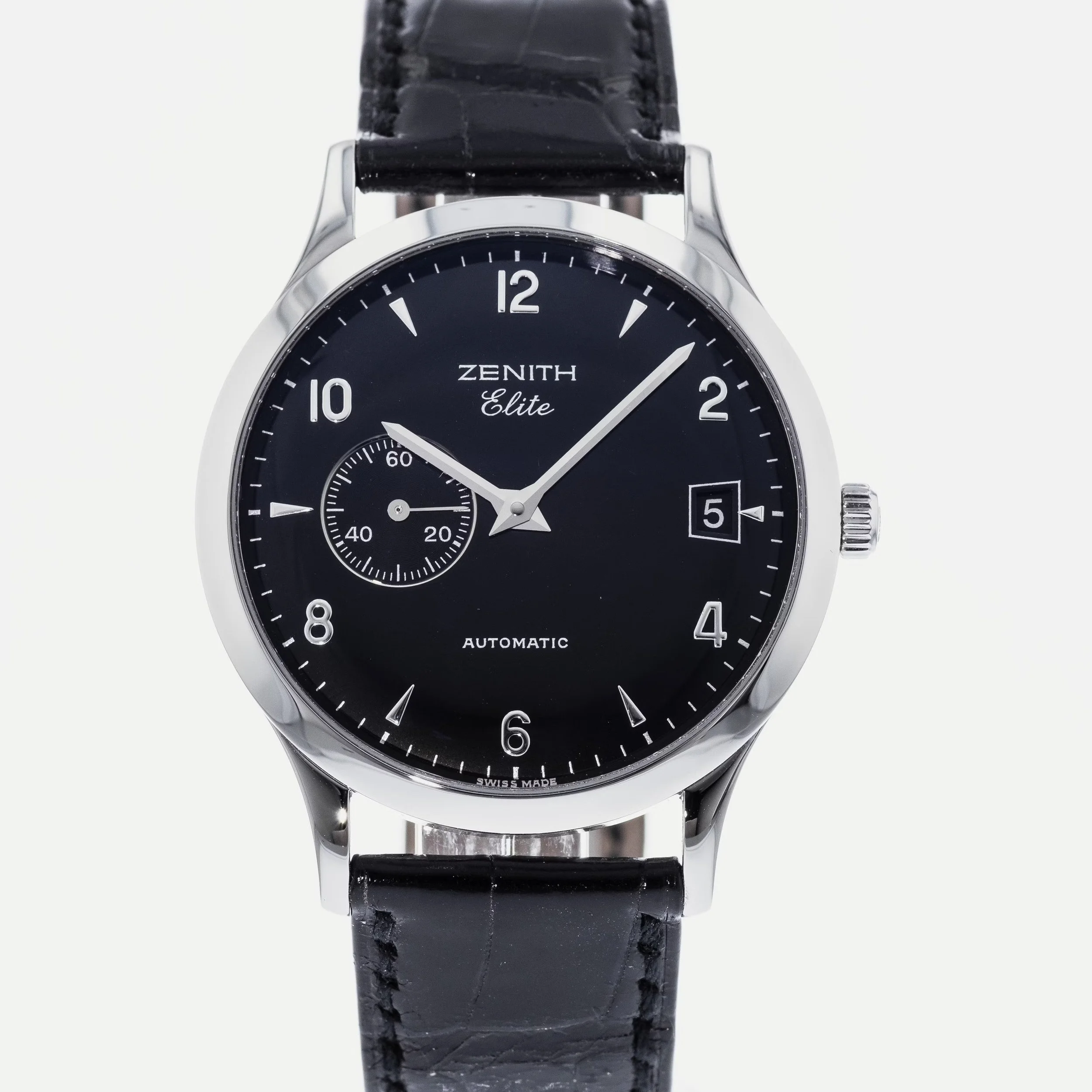 【PRE-OWNED】ZENITH STEEL AUTOMATIC CALENDAR BLACK DIAL WITH DOUBLE NUMERALS THREE-HAND SEE-THROUGH LEATHER STRAP WITH PIN BUCKLE 01.0125.680 37MM