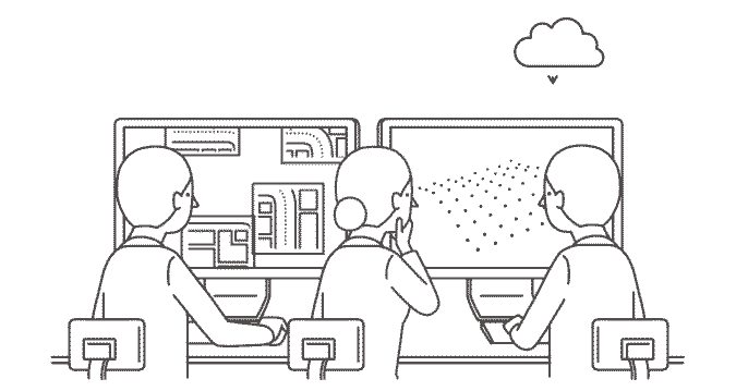 Trois personnes regardant des écrans, dont un projette des points dans le ciel, probablement dans un espace de travail ou un laboratoire.