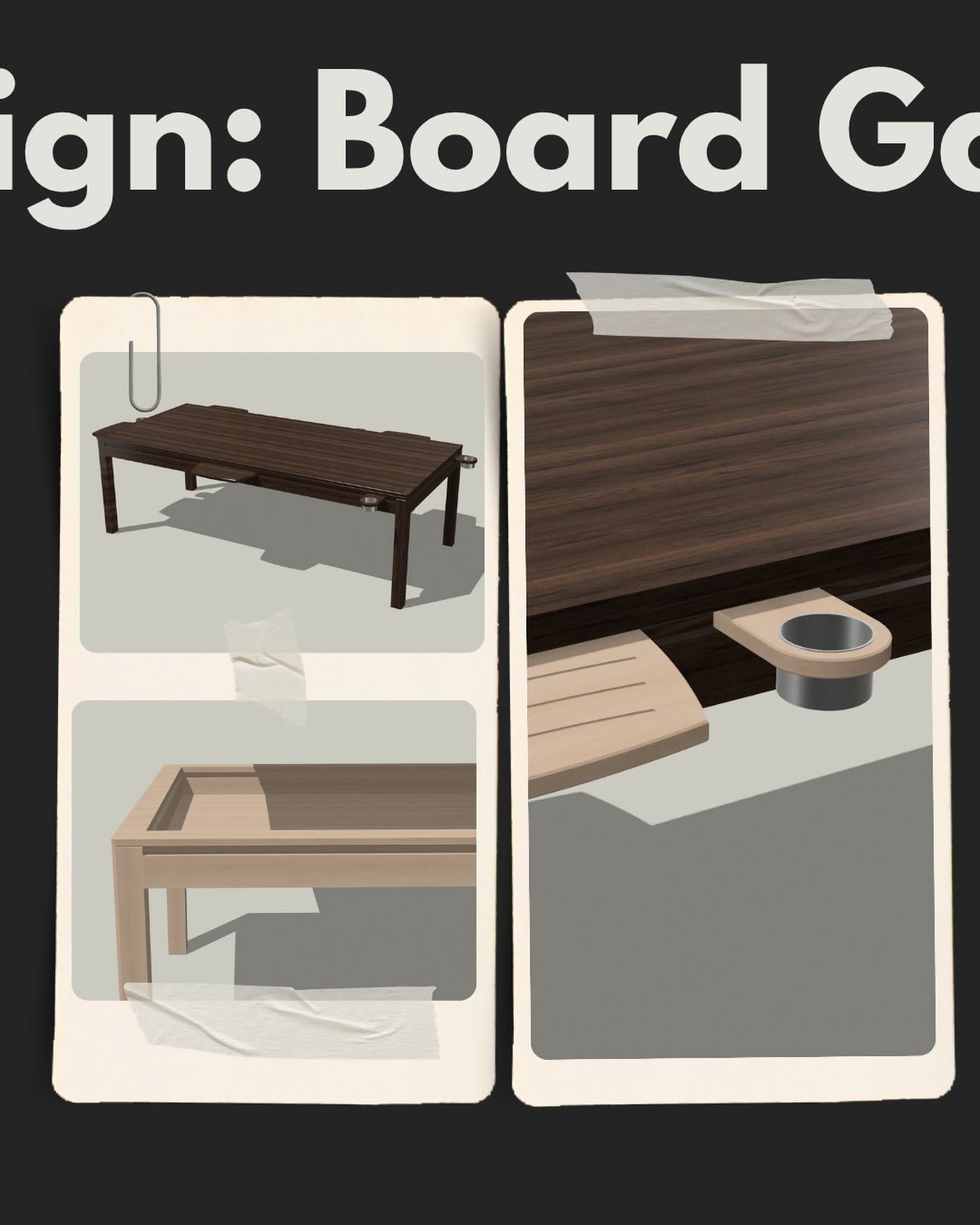 This is a concept design I drew up a little while ago for a table catered to those passionate about board games. 

It includes a removable top to reveal an enclosed playing surface and slotted grooves around the outside to hold cards, chips, game pie
