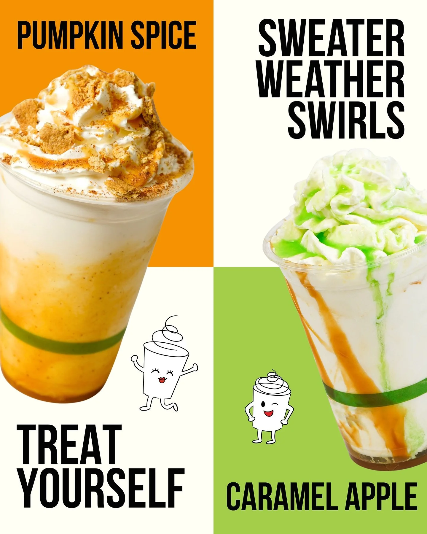 A little graphic I created for @luckylouiefishshack&rsquo;s fall specials that I helped develop &mdash; Pumpkin Spice and Caramel Apple Swirls!

If you&rsquo;re passing through SeaTac anytime soon and craving something sweet, make sure to stop by. I&