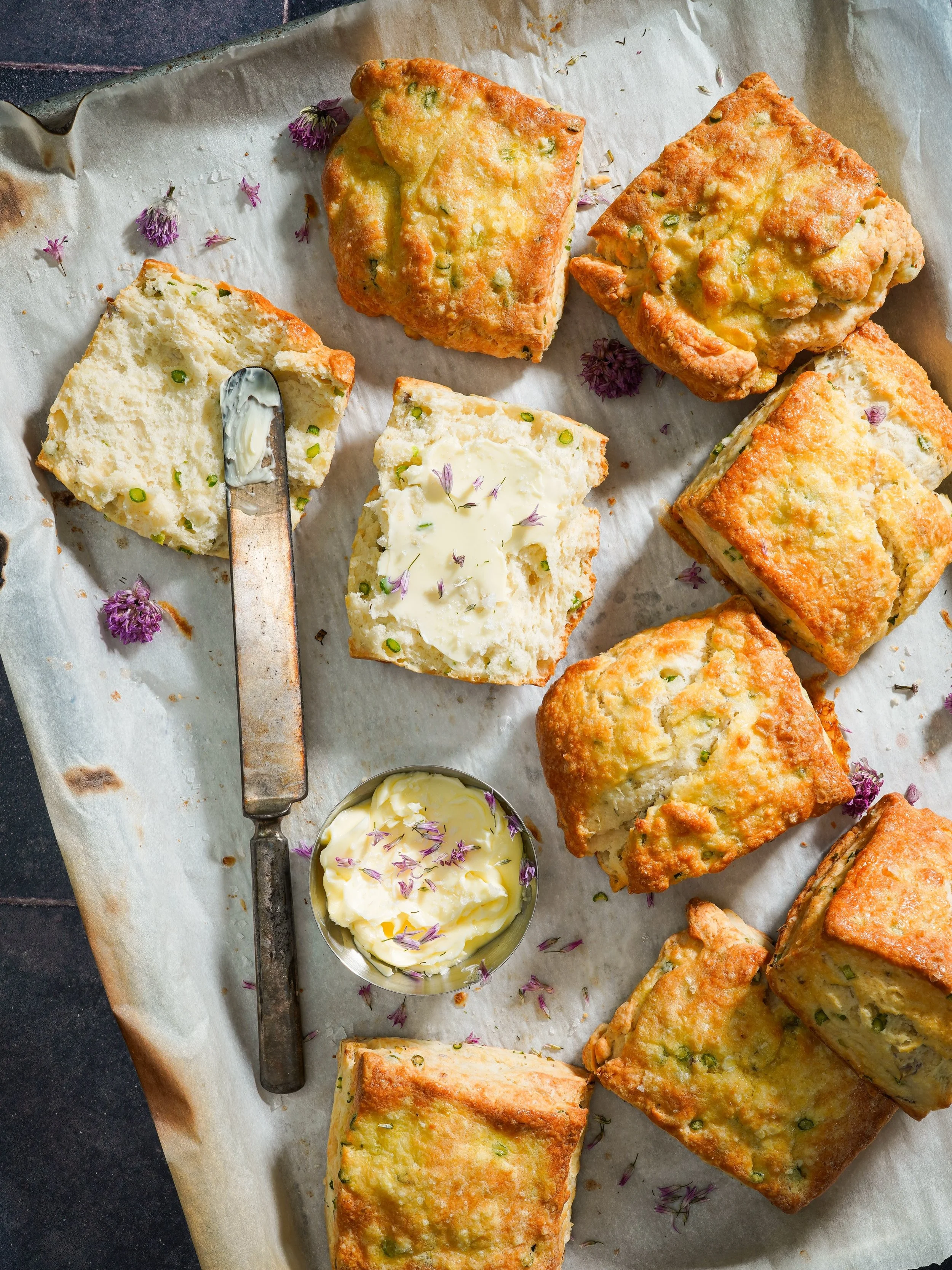 Garlic Scape &amp; Chive Blossom Biscuits!

Made with garlic scapes from a California farmers market that my mother in law was kind enough to fly home and gift me, plus chives and chive blossoms from the garden.

I never really understood the hype ar