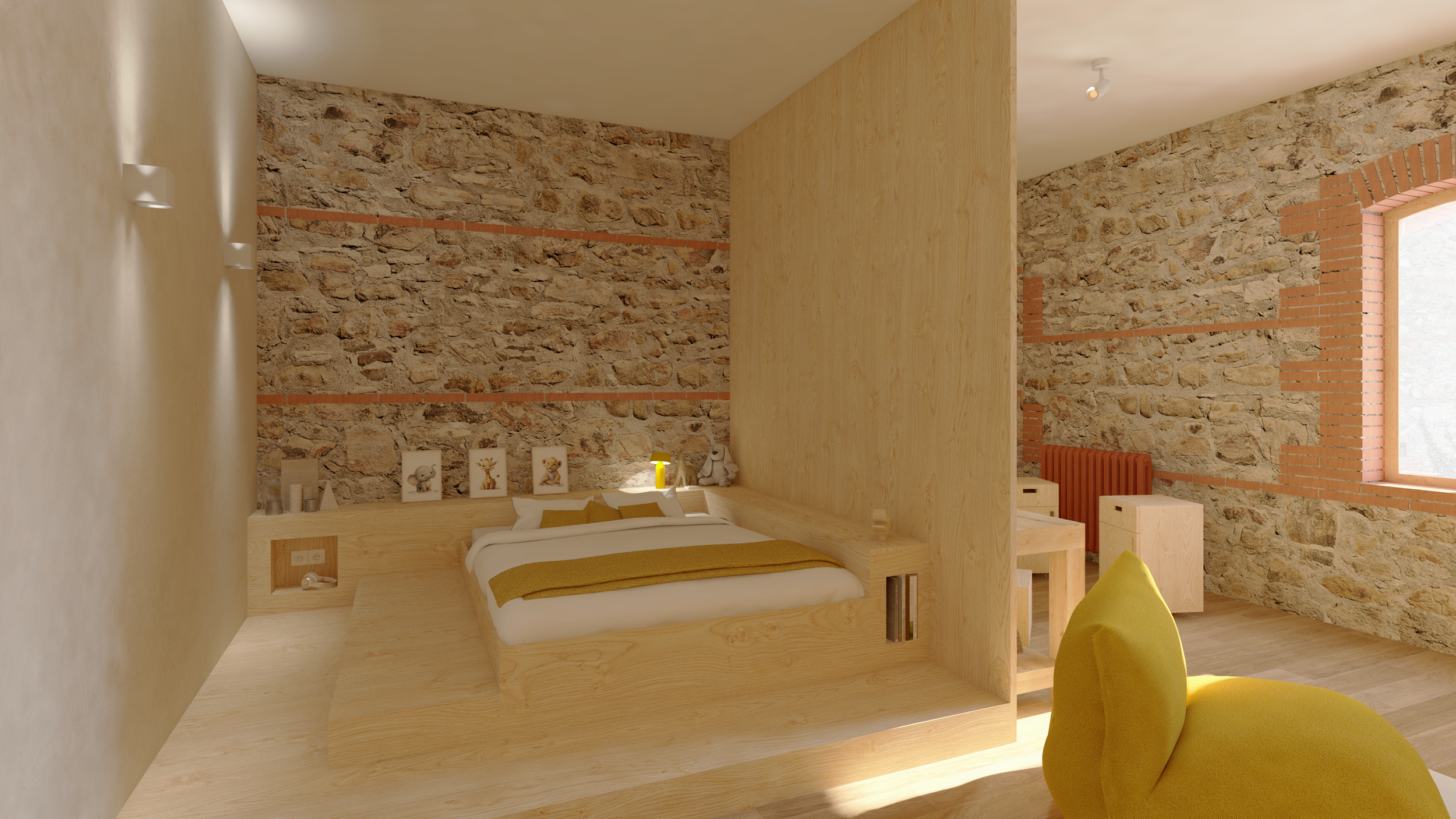 La chambre de Diego est marquée par l'omniprésence de bois et le choix d'une matérialité brute. Le lit sur-mesure en pin massif sait se faire remarquer par son agencement en étage.