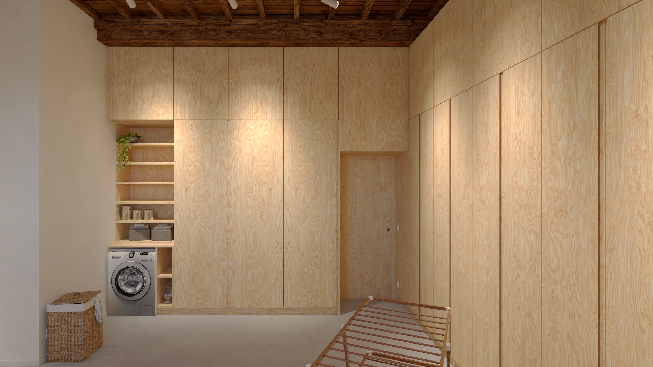 L'espace est entièrement optimisé par deux linéaires de rangement en pin massif. 