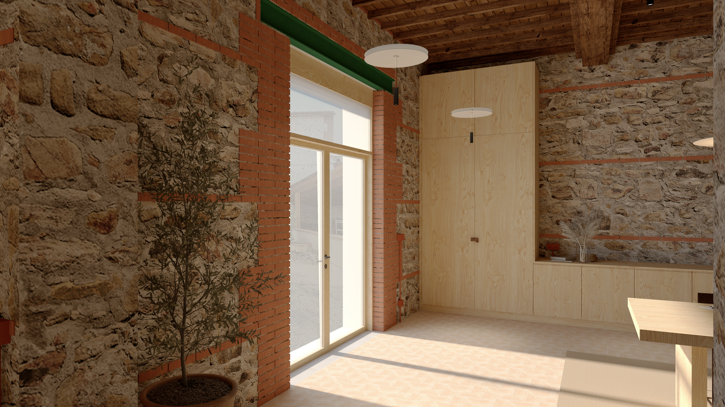 Introductive au projet, l'entrée donne à lire les matériaux principaux de l'aménagement : pin massif, terre cuite et sublimes murs en pierre apparente. 