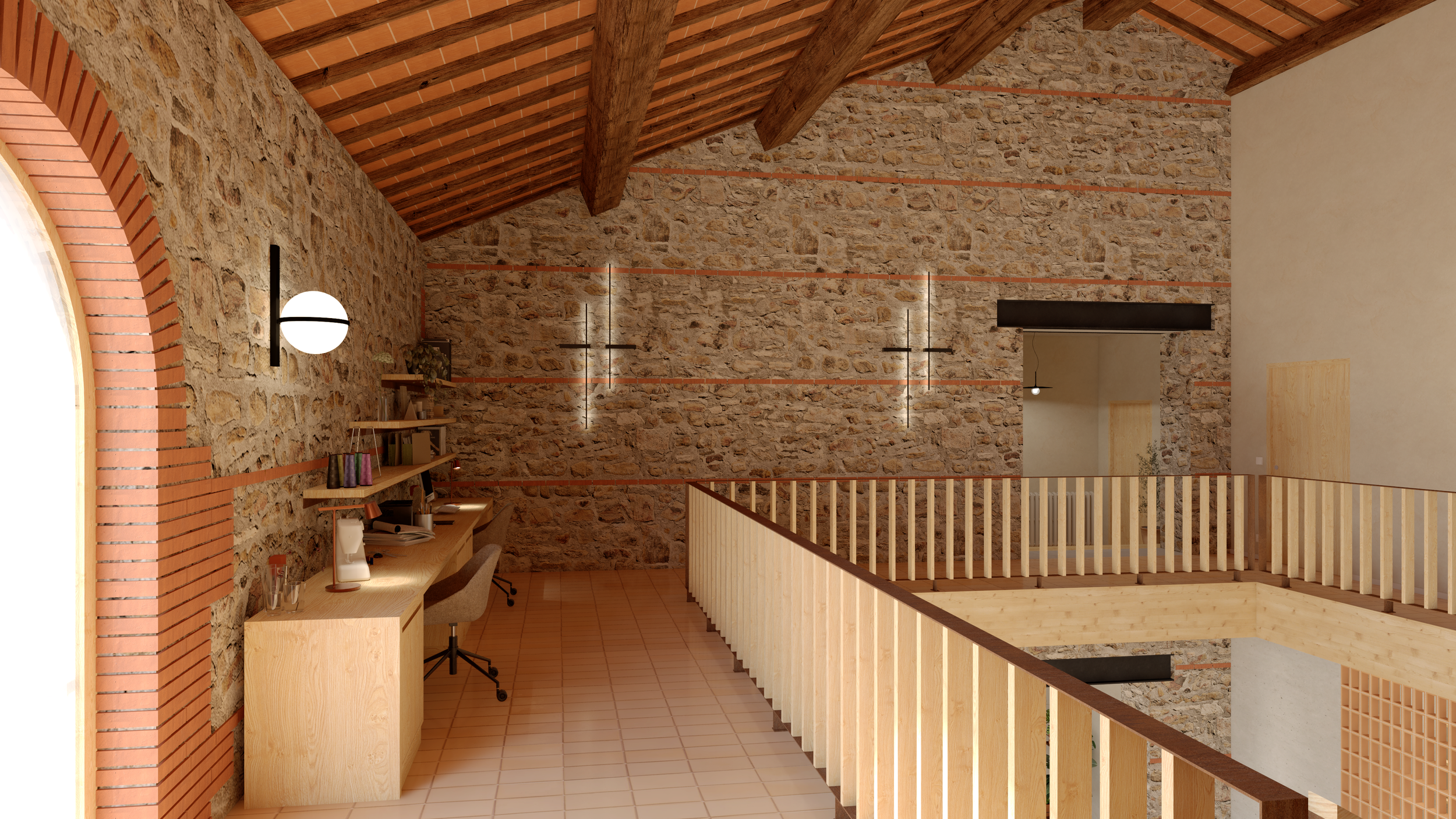 A l'étage, le bureau s'ouvre sur la double hauteur et baigne dans la lumière d'une large baie. Un véritable espace libre, suspendu, à la fois ouvert et ancré.