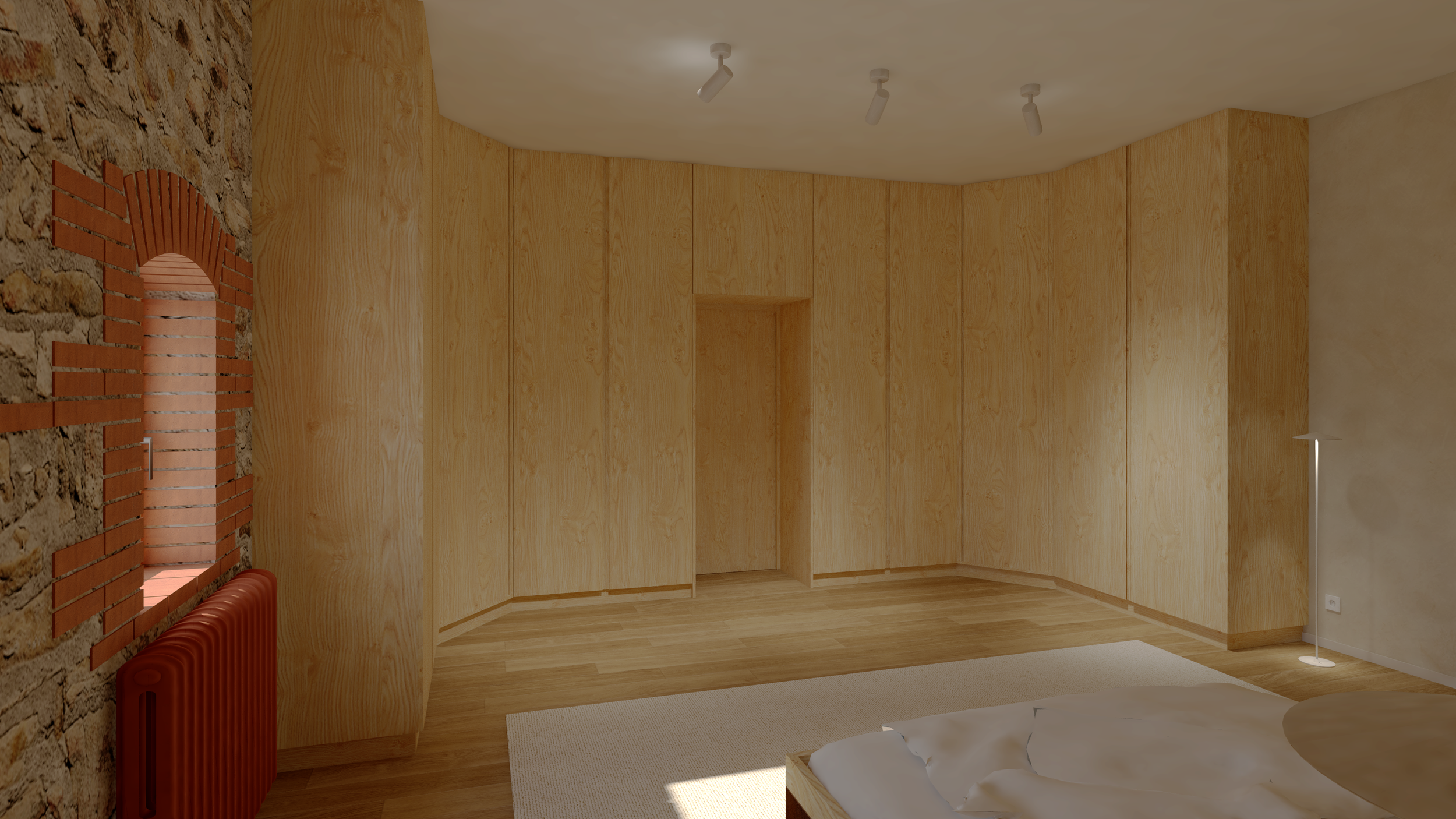 Face au lit, un dressing toute hauteur en pin massif s'inscrit dans une composition parfaitement symétrique, offrant à chacun son propre espace de rangement.